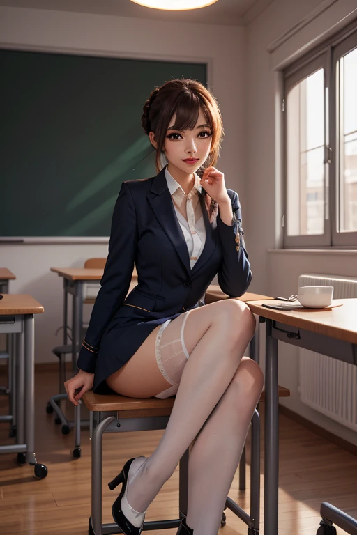 Top Quality, Photorealistic, 8K, High Definition, 1 Girl, Female, (1.8), School, Schoolgirl, Blazer, Uniform, Pubic hair visible, No panties, Skirt boldly pulled up, ((Sit in chair and legs wide open)), Bend your knees and open your legs, Slightly shorter hairstyle, Grab your knees with your hands to open your legs, Buttoned shirt flutters --auto