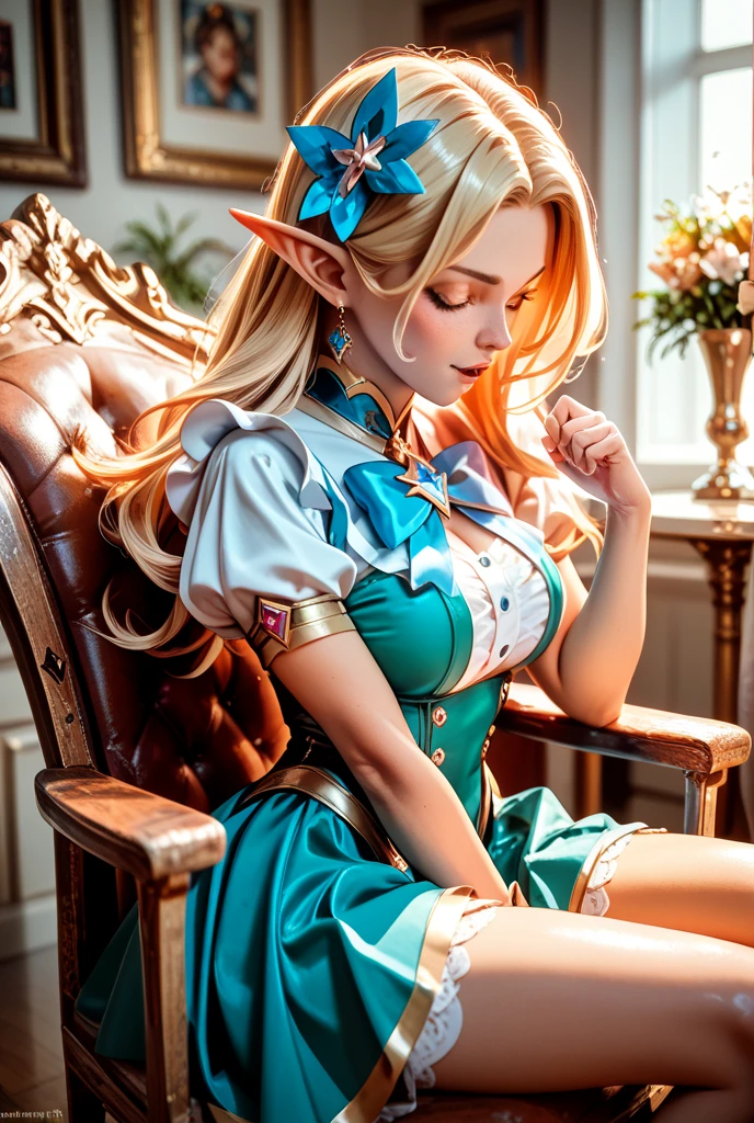 A girl, 25 years old with blue eyes, blonde woman, long wavy hair, Beautiful Character Face. thigh boots. a team, pointing at the goblins. Standing in the office with (The Work of the Little Green Goblins:1.3). Half-open mouth. full-length photo. first-person view. higly detailed. Top Quality.