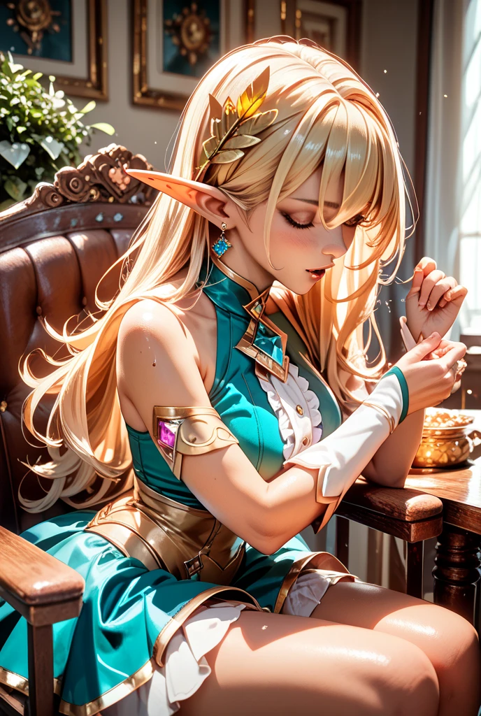 (Masterpiece:1.4), (best quality:1.2), <lora:mercedes_maplestory-000010:0.8>, mercedes \(maplestory\), 1girl, dress, hair ornament, blonde hair, thighhighs, pointy ears, light smile