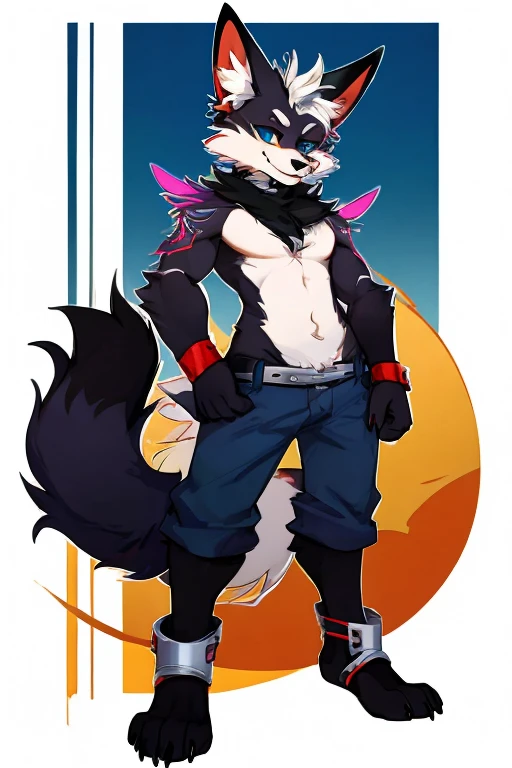 furry, anthro, wolf, fluffy pointed wolf ears, fluffy wolf tail, yellow and white colored fur, messy fur, neck floof, fluffy mohawk, hair same colour as fur, sharp light blue eyes, razor sharp teeth, slim body, handsome, sexy, slender, tall, wearing a light blue dog collar and light blue and white boxer briefs with a giant bulge, pawpads, pink pawpads, ((best quality, 4K, UHD, masterpiece)), posing playfully,