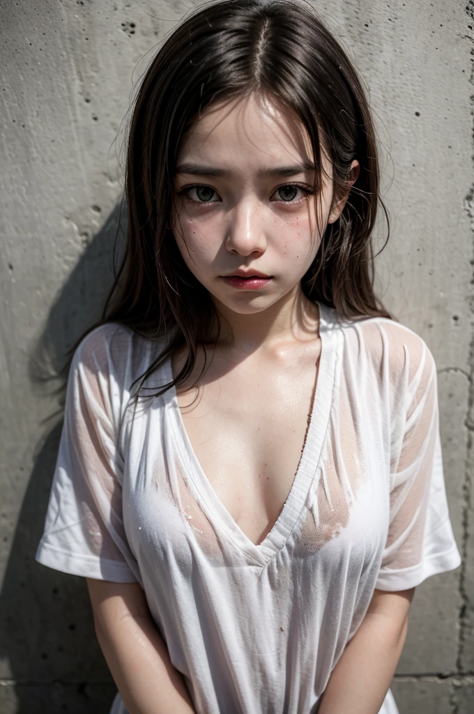photorealistic, (1 girl, parted bangs, surprised expression, wide open mouth, about to weep, looking at viewer, small breast, medium wide hips, all clothes see-through so much, big erect nipples, small pantie visible, hairy, AIDA_LoRA_MomoS, AIDA_LoRA_rei2009, spreading legs,)