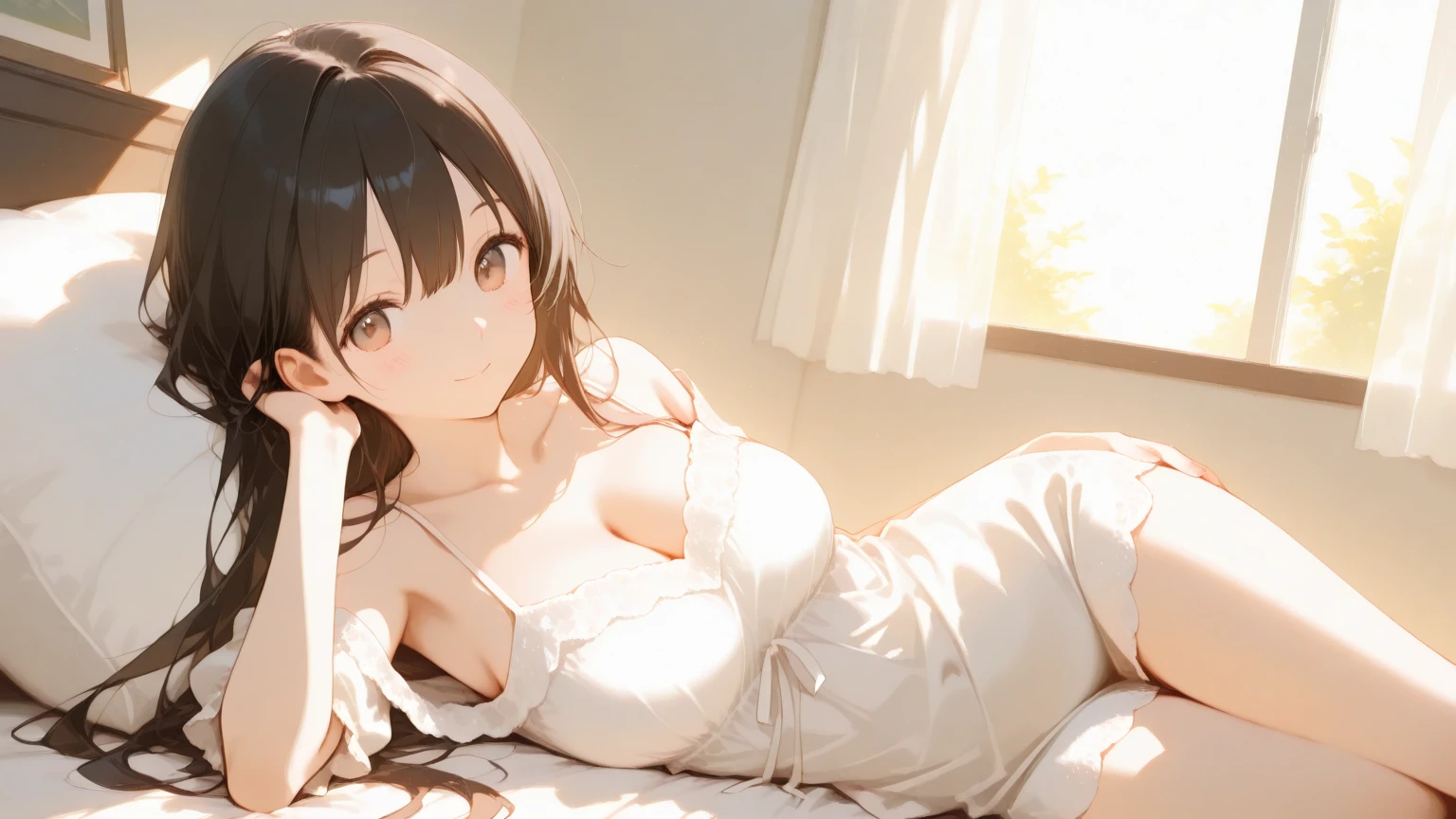 masterpiece, highest quality, One Girl, Thighs, beautiful girl, Flowers, たくさんの小さなflowerびら, flower、Small waist, RAWphotograph,Bright lighting、Face Light, Ultra-realistic, High resolution, photograph, Sharp focus, Highly detailed eyes and face,Symmetrical face, whole body、Large Breasts、Long Hair、チラリと見えるThighs、Cleavage、Red Micro andals、White lace shirt、Sleeveless、Her hair was tied with a big red ribbon、White high heels、After bath、Public bath、White shorts are visible