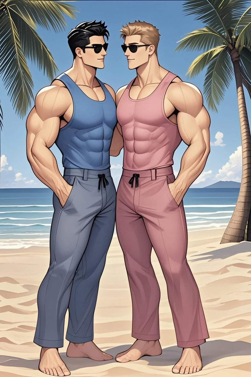 A two (2boys) teens in the beach of 15 years old (Mexican ethnicity) tan skin massive muscular bodybuilder with extraordinary biceps pectorals triceps traps, plump, Gigachad