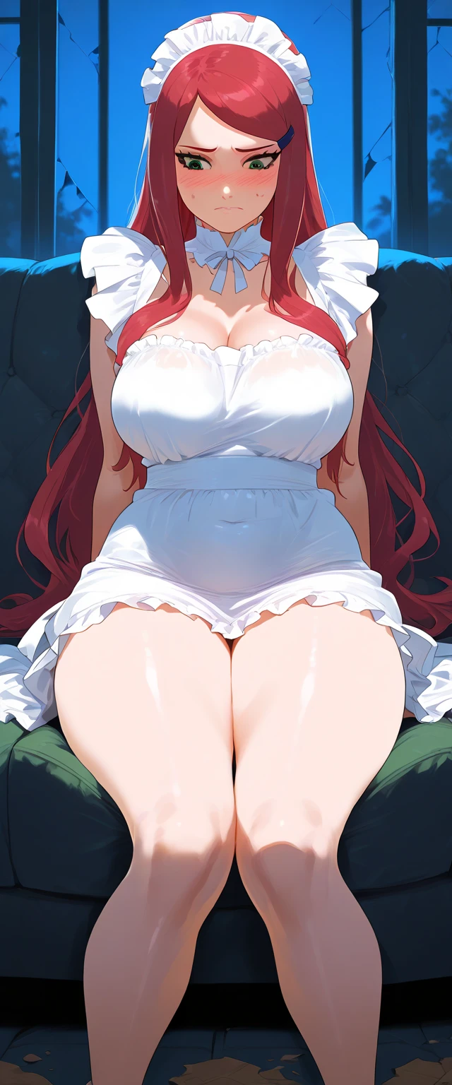 masterpiece, photoreal, high definition, slim waist, long legs, wet skin, huge ass, huge breasts, masterpiece, best quality, absurdres, perfect anatomy, 1girl, solo, evangelion, (1990s \(style\), Asuka, red hair, asuka hair, long heir, smile, maid outfit, white thigh highs, on bed, covered in cum, wet skin, cum drip, bukkake, breast milk, cum on face, cum on tits, open mouth