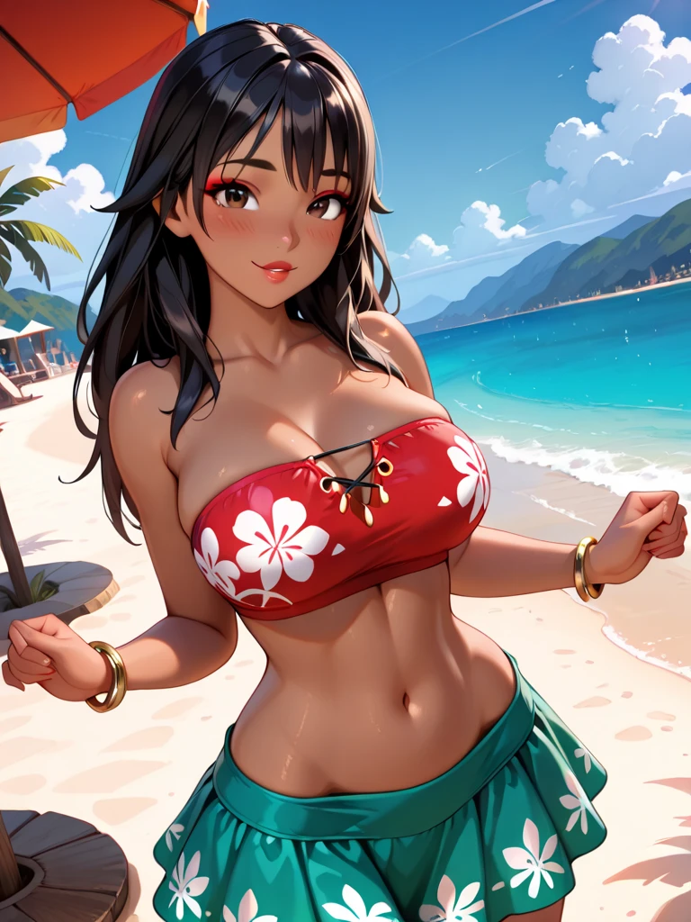 (masterpiece, best quality), 1 girl, perfect body, big breasts, colorful micro bikini, hairband, necklace, bracelets, walking, big gorgeous eyes, kind smile, parted lips, beachside with elaborate details, afternoon