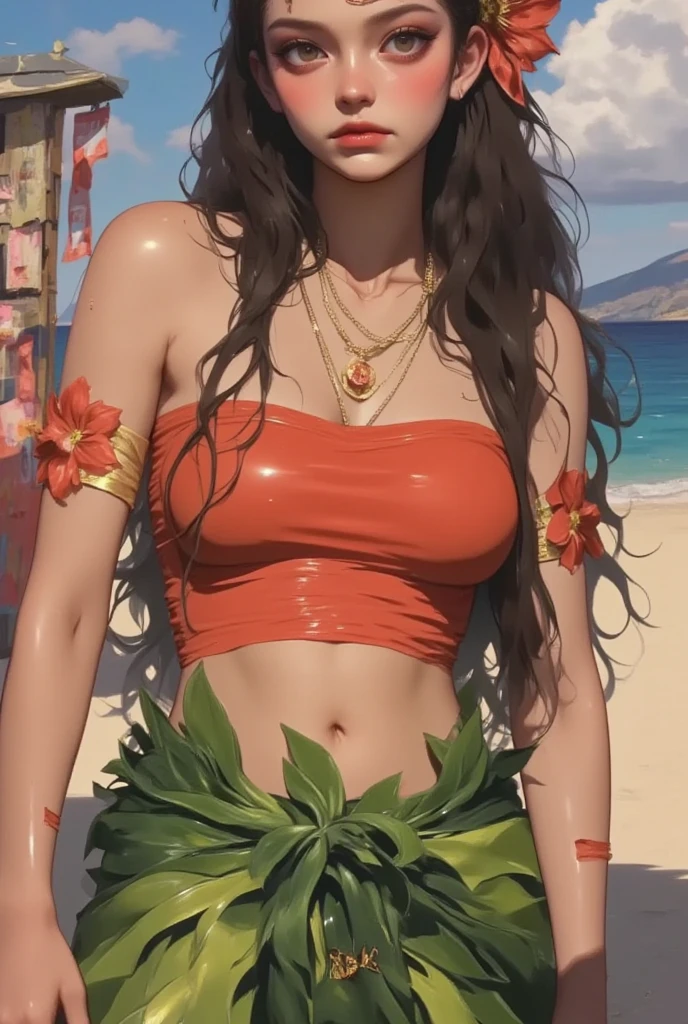 ((Katrina Kaif)), portrait, face portrait, red lips, smiling, athletic, big boobs, straight hair, black hair, hair tied in a chignon, bun, orange sunset bikini, beach at sunset
