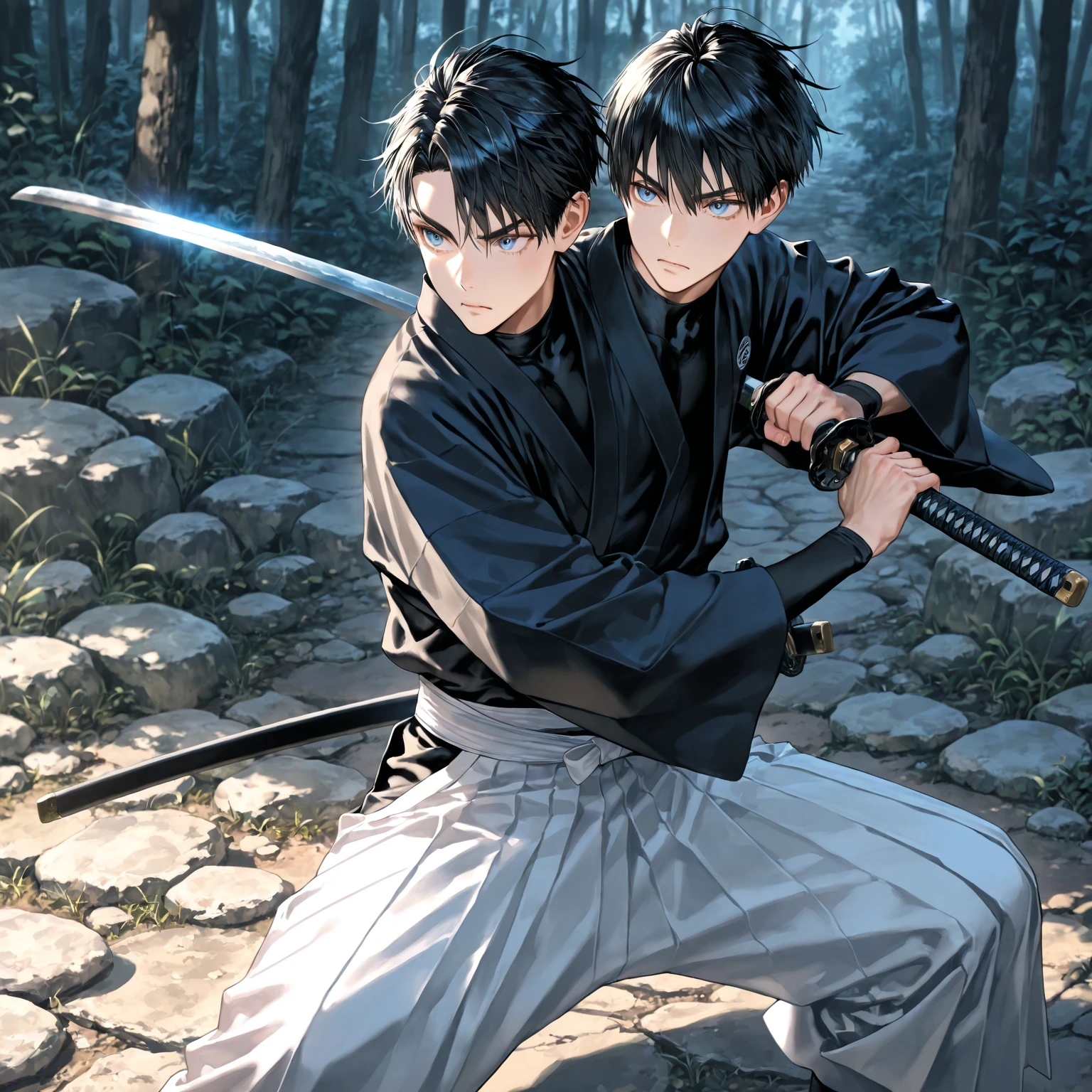 anime image of a man holding a sword and another man with a sword, two handsome anime men, Akehiko Inoue e Ross Tran, official fanart, anime lush john 8k woods, high quality fanart, made with anime painter studio, sakimichan and frank franzzeta, zerochan art