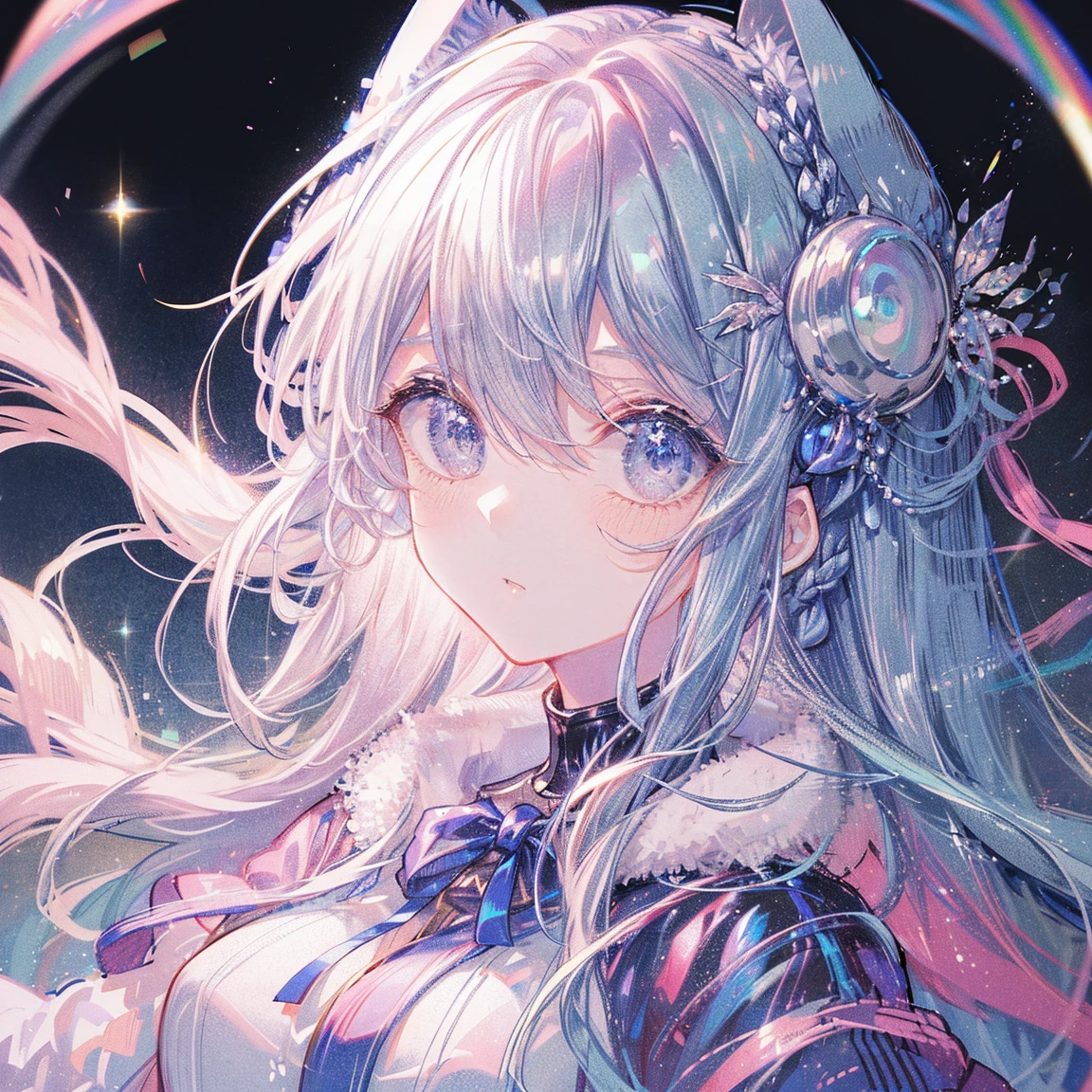(Highest quality,masterpiece,Esoteric,Super Resolution),Bubble Tech,sf,transparent,Iridescent,See through,inflation,One person,,Gray Hair,Wavy Hair,Open forehead,Green Eyes,pupils are narrow,Lion's Ears,white Lion's Ears,Lion's Tail,Tropical Garden,Flowers,(masterpiece), (best quality), smile brightly, 1 woman, 2, bewitching, show off underwear, frilled underwear:1.2, blue color underwear, layered skirt, swell one's loins++, fullback underwear , large breast , cute outfit:1.2, (leg up, grab knee, standing split) , skirt, cinematic,