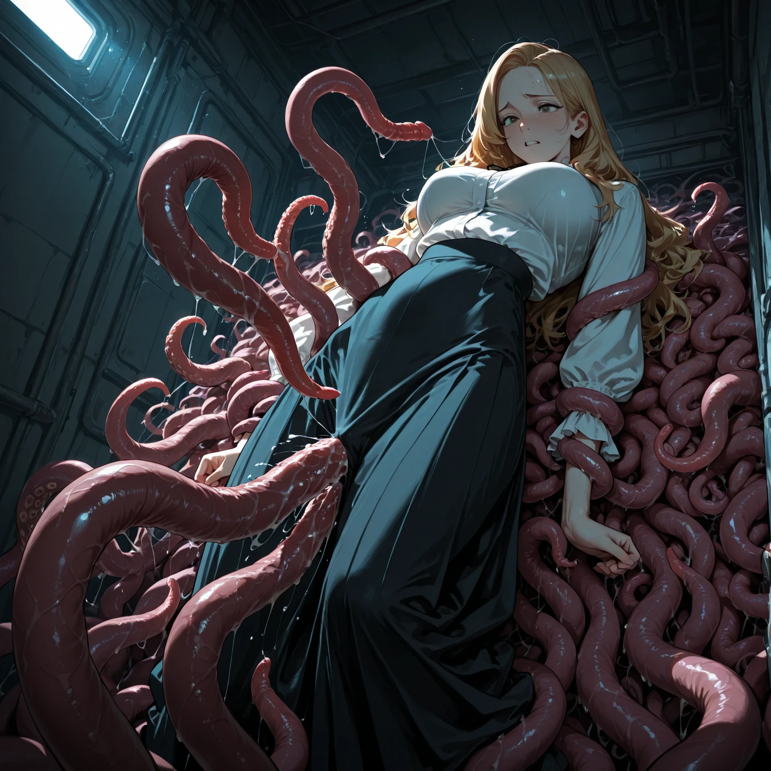 a detailed and beautiful girl trapped in an H.R. Giger style xenomorph relief, her body entwined by (tentacles:1.3), emotional female human face with Emma Watson, skeleton, octopus, crusu, monster, teeth, horror (theme), polished texture relief, black background, monochrome