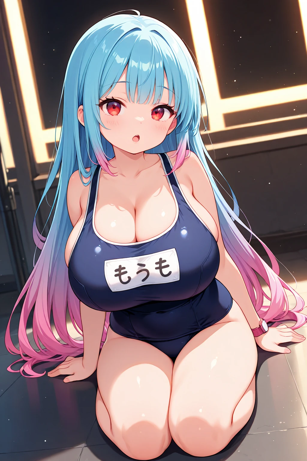 masterpiece, best quality, 1girl, solo, crop top, ((colossal enormously gigantic , cleavage and underboob showing:1.3)), tank top and micro thong lace panties, (graffiti:1.5), paint splatter, arms behind back, sitting spreading her legs open, against wall, looking at viewer, armband, thigh strap, tattoo sleeves and piercings, head tilt, bored sexy seductive slutty, multicolored blue hair, moonlight eyes, nipslip