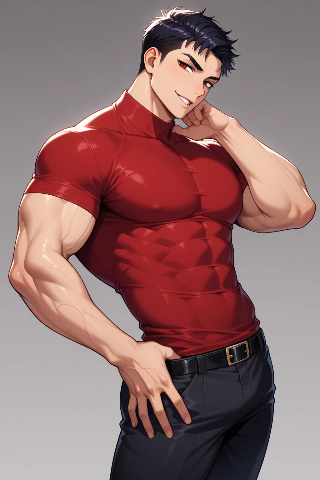 (masterpiece), best quality, expressive eyes, perfect face, 1 boy, Muscular, abs, nylon red compression t-shirt, red thong