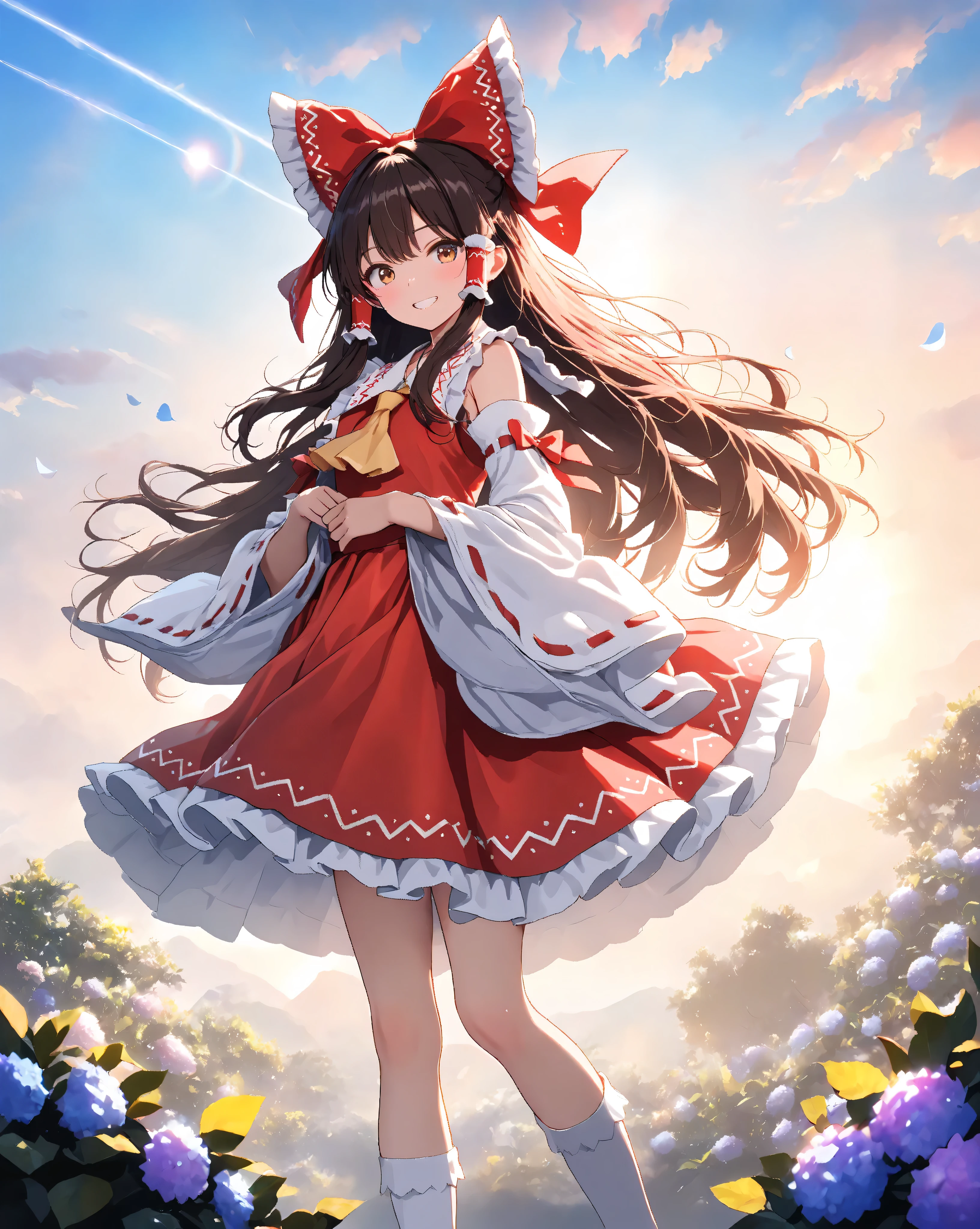 Quality:
(high score), (masterpiece, detailed:1.2), (ultra-detailed), (ultra-quality), (super-resolution), (detailed-background),

 Art Style: (photorealistic):1.4, (2.5D):1.5, (golden hour lighting):1.6, (warm cinematic lighting):1.5, (volumetric light rays):1.4, ray tracing, depth of field, (vibrant sunset pastel palette):1.3, dramatic angle, (ethereal atmosphere):1.2, (dreamy aesthetic):1.1 

Subject:
(touhou hakurei reimu):2.0, 1girl, (very young girl):1.3,  (child):1.2, (cute):1.3, (Sassy pose):1.3,(childlike joyful grin):1.5, playful expression,
(brown hair),(long hair),(hair bow),detailed strands of hair, silky smooth texture, flowing like it flutters in the wind, natural shading and highlights, 
look at viewer,brown eyes, (delicate vivid eyes),(delicate and moisturized lips),
petite, short stature, (Slender body lines):1.5,graceful knee lines, natural and beautiful leg lines, delicate body contours,

Clothing:
(touhou hakurei reim's outfit):1.5, (red dress), (white bell sleeves):1.3, (wide sleeves), (frilly cuffs), (white frilly skirt hem), (large red hair bow), (yellow ribbon on collar):1.5, (white collar), (white tabi socks), (black mary jane shoes with buckles), jane shoes with buckles),

Background : (visible rainbow arching in sky):1.7,(morning after rain, clear sky):1.5, (gentle sunrise hues), (fresh blue and soft pink gradient), (vibrant hydrangeas in foreground):1.4, (dew drops on petals), (lush green foliage), (bokeh effect on hydrangeas):1.3, (shallow depth of field), (traditional Japanese shrine in mid-ground):1.3, (torii gate), (stone lanterns),(distant misty mountains):1.2, (softly blurred background), (post-rain morning light):1.6, (fresh and clear light), (subtle lens flare from low sun), (soft light filtering through leaves), (mist rising from ground) 
