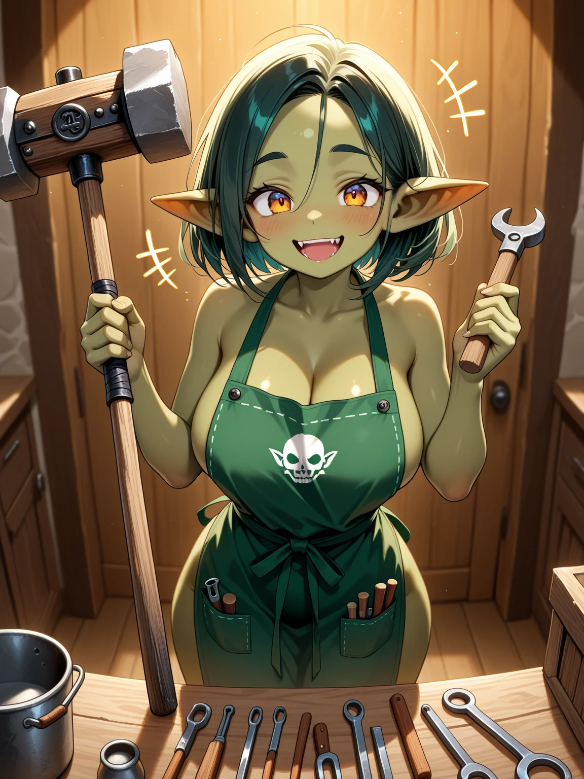 ((best quality)), ((masterpiece)), (detailed), goblin girl, (green skin), shortstack, military bomb specialist