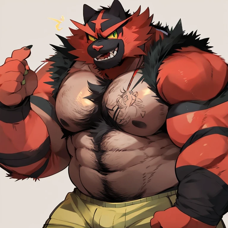 1boy, 1man, solo, a (furry incineroar) standing, (face, detailed face, glasses), white background , front view, massive muscular , sixpack, (white tanktop and black pants), well-muscled old man. ((thick arms, huge pec, huge arms)), wide smiling. Add textures and details to make the image more realistic, such as the appearance of the. Make sure the resulting image is high resolution, 8K quality
