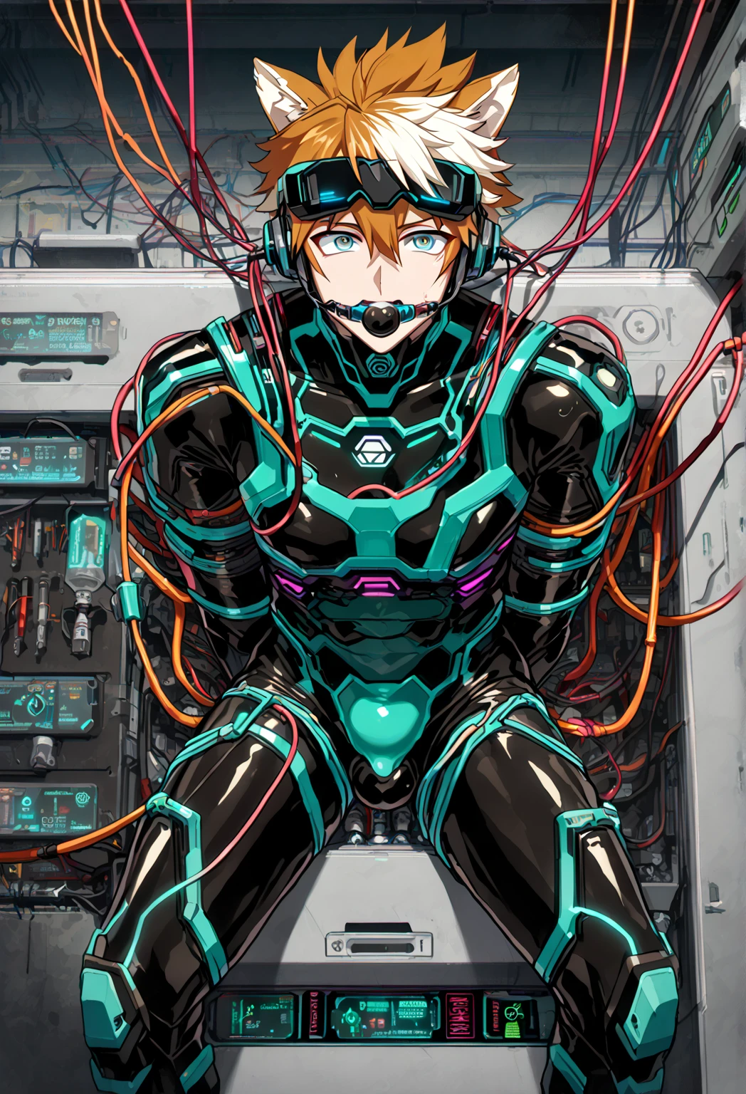 (nsfw5) (((1boy))), (((anime boy))), 20 years old, muscular body, black hair, latex suit, black latex, skintight no zipper neck entry latex suit, fullbody latex suit, shoulder plastic armour, ((wearing virtual reality headset1.5)), visible eyes, ((thick cables plugged on headset)), cat ears, cyborg, latex, cyberpunk, cyberpunk hospital, (thick cables plugged on crotch1.5), red lightning, mind reprogramming, ((corruption bodysuit)), blank stare, crotch bulge, restrained, (heads-up display), wearing black lipstick, (((cables plugged into cat ears3))), (((transformation into robot3))), (((assembly line arms5))), charging port on anus, (((charging cable plugged on anus3))), (battery percent level), charging station, robotic spine, cables plugged into spine, aquamarine suit lightning, open ring gag in mouth, (((super thick cable plugged on gag5))), progress bar on virtual reality headset