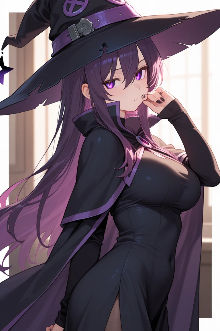 Meisterwerk, best quality, Blair SE, 1girl, Allein, Hexe_hbei, Pfote_Pose, large_Breasts, lang_Haar, suchen_bei_Zuschauer, Schwarz_Kleid, :3, cbei_Ohren, Smile, wide_sleeve, offen_Mund, Detached_sleeve, bare_Schultern, blush, Nacht, drinnen, fang, Aus_Hinter, (ass:0.8), komplett nackt, Blair, sexy
