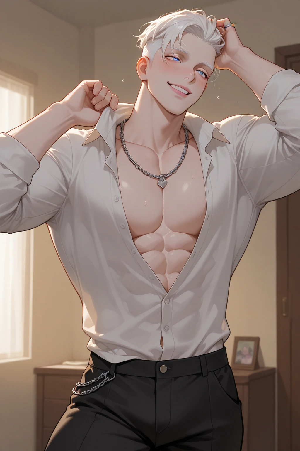realistic, 1 boy ,white hair ,shorts, abs, wallpaper