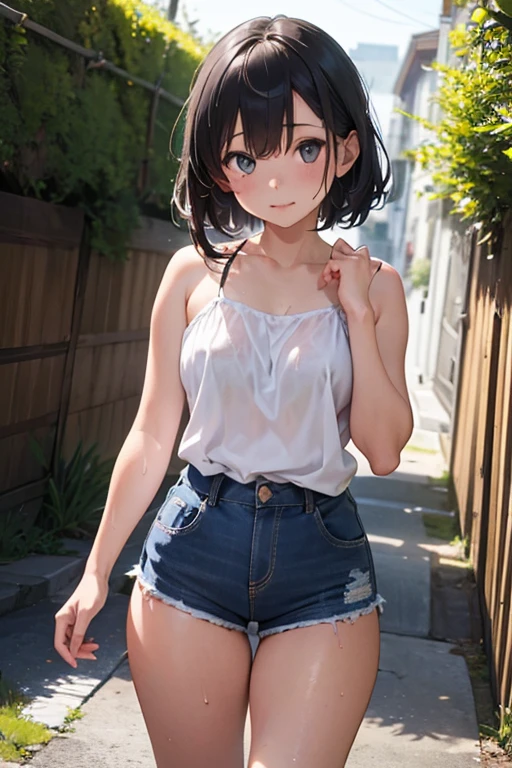 (​masterpiece:2.0), (top-quality:2.0), (standing naked in the garden:1.5), (extremely short length camisole dress:1.5), (super sexypose:1.5), (blushed face:1.5), (hide crotch with hand:1.5), (hide chest with hand:1.5), (Spilling boobs:1.5), (realistic:1.5), under the boobs, side boob is visible, naked, 1 little  girl, precise small hands, Embarrassed look, light smile, Look at me and smile, extremely cute girl, innocent face, young face, Clear eyes, Shining eyes, small breast, shoulder is visible, Tummy is visible, cleavage of the breast is visible, stomach is visible, the lower abdomen is visible, The buttocks is visible, The crotch is visible, No pubic hair, dynamic posing, The beautiful skin, ultra-definition, Top resolution, japan high school student, brown hair