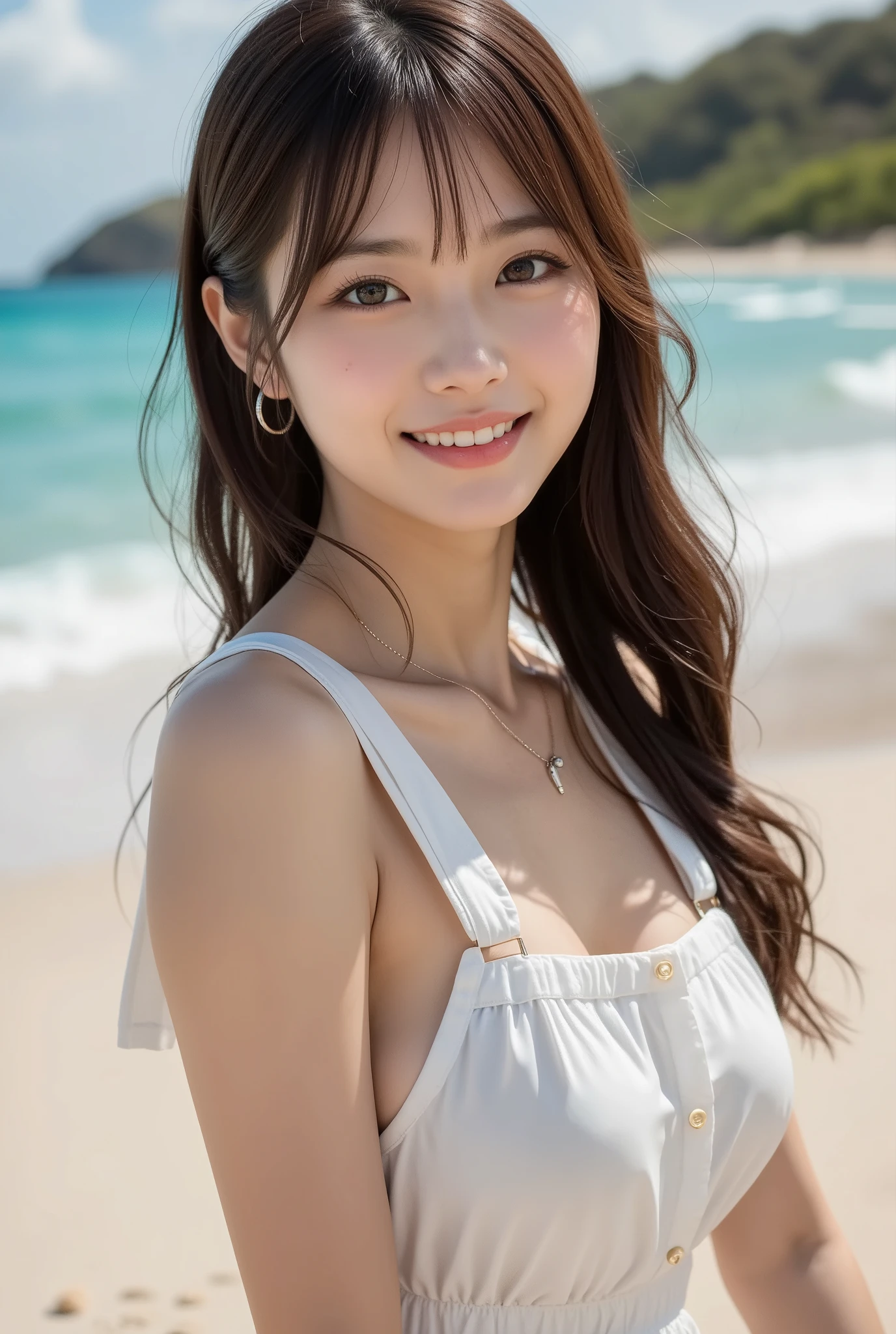 ​masterpiece, top-quality, high resolution, 8K, 1girl, 16 years old, cute japan, (highly detailed background), full body, happy, Large breasts, (White shirt, Detailed clothing), looking in camera, (the beach:1.5)
