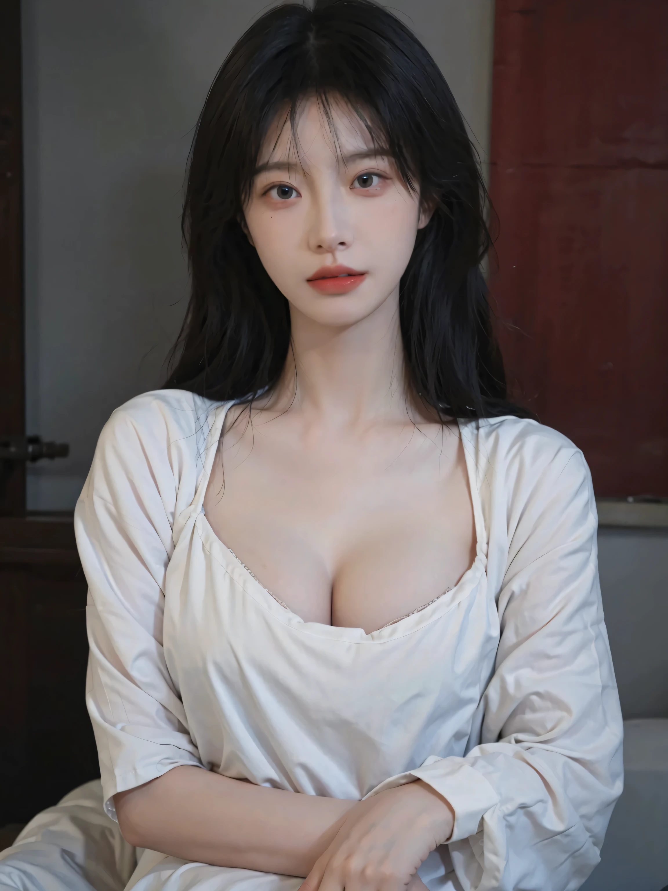 best qualtiy, Ultra-high resolution, (realisticlying:1.4), one-girl,Pink Long Hair, A pair of clear and moving eyes,Royal Sister,Snow-white school uniform, (big cleavage breasts:1.2), looking at viewert, closeup cleavage ,