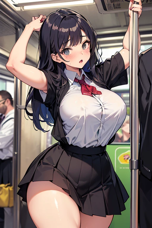 masterpiece, best quality, 1girl,{{{boys are grabbing breasts from behind}}},on a crowded train,school uniform, bra lift,[[crying]],frown,closed mouth,skirt ,nsfw           