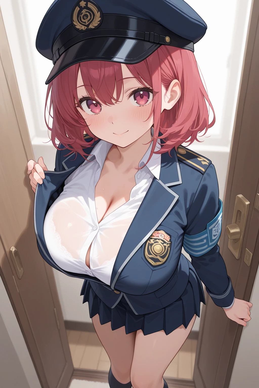 masterpiece, best quality, ultra-detailed, illustration,masterpiece, Best quality, high resolution, high resolution, 1girl, solo, red hair, red eyes, twintails, employee uniform, pencil skirt, tight skirt,miniskirt,skull print, navy cap, fang, white gloves,beautiful detailed eyes, looking at viewer in a seductive look, close up, (breast focus), (arms behind back:1.2), (from above:1.1),big sized breasts, (breasts out:1.3), attempt to seduce,tight clothes ,(nipples),(wide thighs:1.3), moonlight, graveyard, bus station ,(blush)