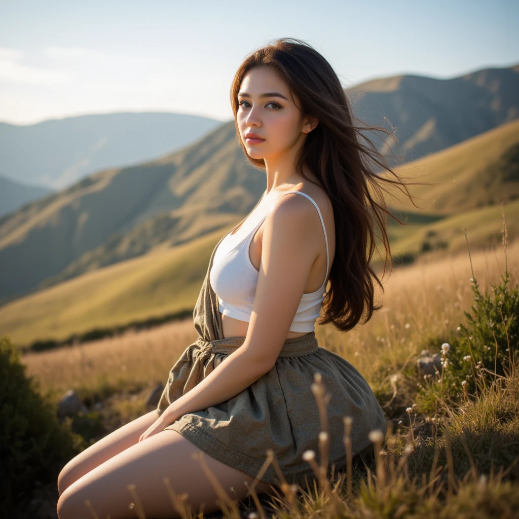 1girl in, 25 years old, Square face, Long hair, fat body, Looking at viewer, jewelry, Realistic, Sexy, nightgown outfit, colorful outfit, Background of grasslands and mountain peaks, posture sit
