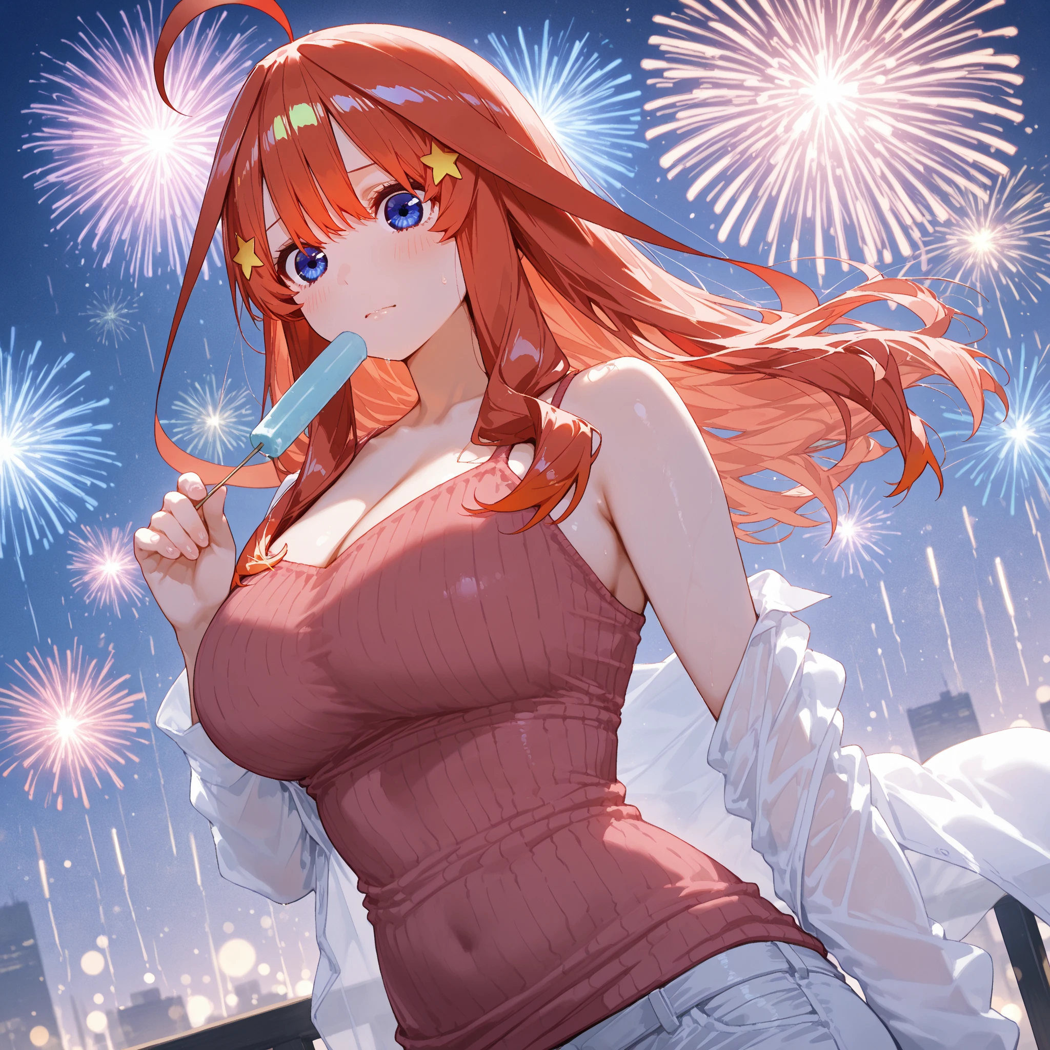 masterpiece,Highest quality,8k,Night Sky,firework,,Bold Pose,Big behavior,Shiny hair,Glossy skin,Japanese idol model,

