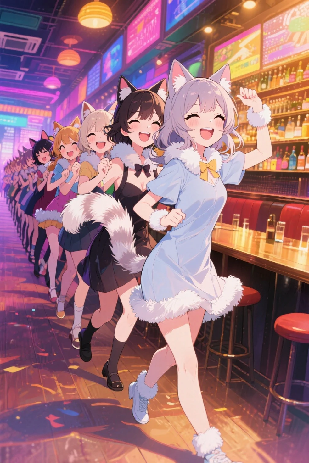 top quality, best quality, High-quality illustrations, masterpiece, super high resolution, detailed background, detailed background, night club, mirror ball, group shot:0.5, 6+boys, 6+girls, Happy, joyful, absurdres(highly detailed beautiful face and eyes)perfect anatomy(Photos taken with friends)(kemono, furry anthro)selfie:0.5,