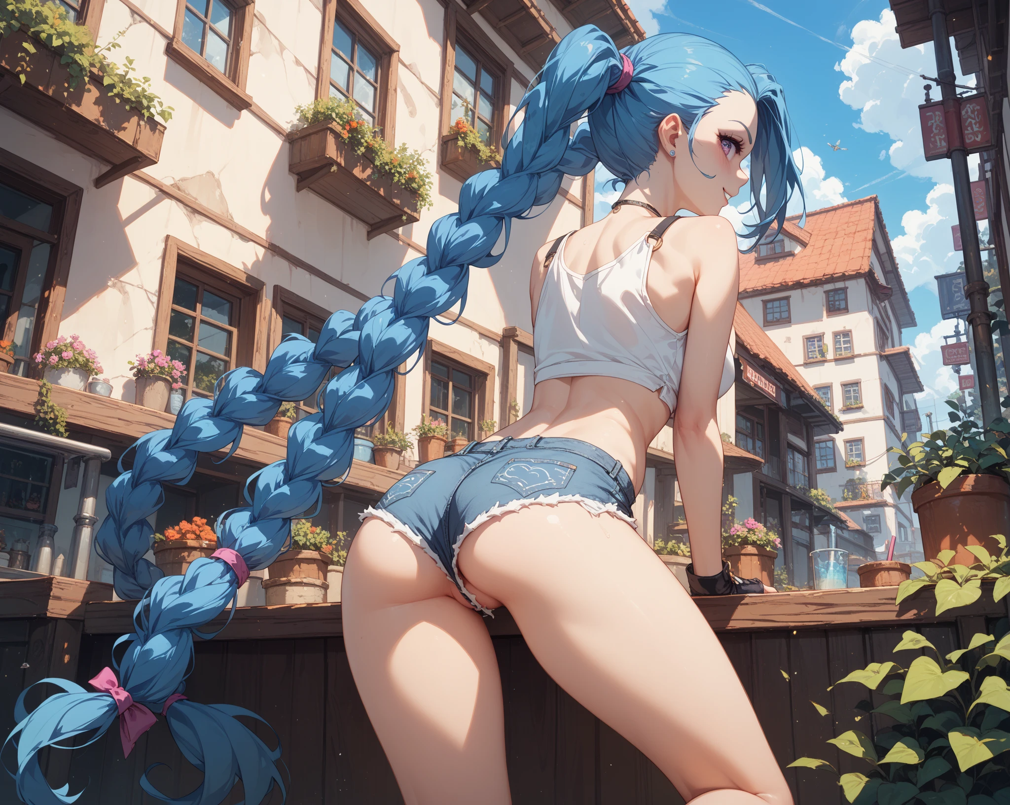 (8K, 4K, Best Quality, High resolution: 1.2), (Masteristic, Realistic, Photoreal: 1.4), One Woman, Solo, Beautiful face, she is smiling、Shining Lipin Eyes, Beholder, Fair skin, White skin: 1.5), fine complexion, full body Esbian,, Big, Big, ridiculously long hair, Green hair、Bangs, Hair ornaments, with two sides up,, 年轻, White T-back、s asack-view、お尻に食い込むWhite T-back、She just wears a thong in return、big butts、Long tights、Colossal tits、H-cup、Exposed nipples、Horns are growing、It emphasizes your butt、she is a demon、A tail grows from the coccyx、White T-back、White material