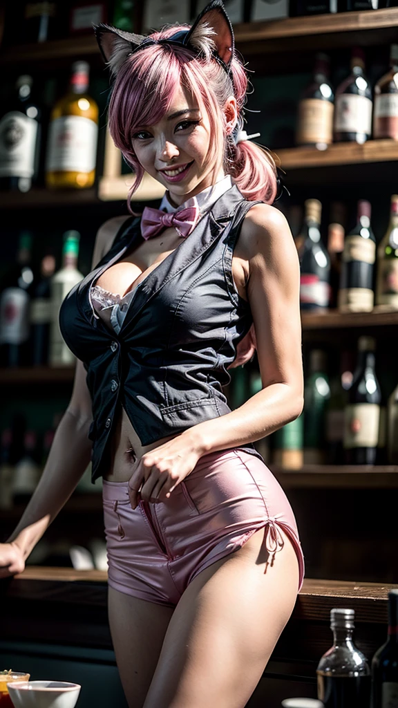 tattooed girl {girl de 30 anos, athletic body, bimbostyle}, silver hair with pink highlight}, sexy bartender {vest, long shirt, underwear/pants, bowtie, wrist cuffs, bar, alcohol}