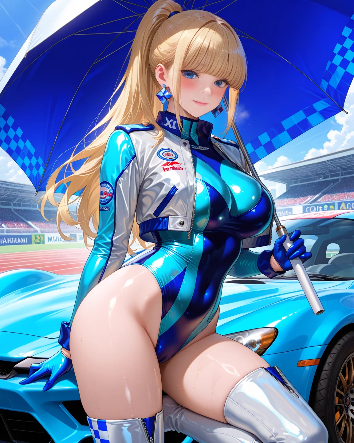 ((best quality)), ((masterpiece)), (detailed), perfect face, ((Best quality, 8k, Masterpiece: 1.3)), Sharp focus A beautiful woman with perfect body, Slim abdomen, Highly detailed face and skin texture, Detailed eyes, Double eyelid, smile, blonde hair, heart earrings, Race queen, FI circuit, background (FI car), Race Queen Costume