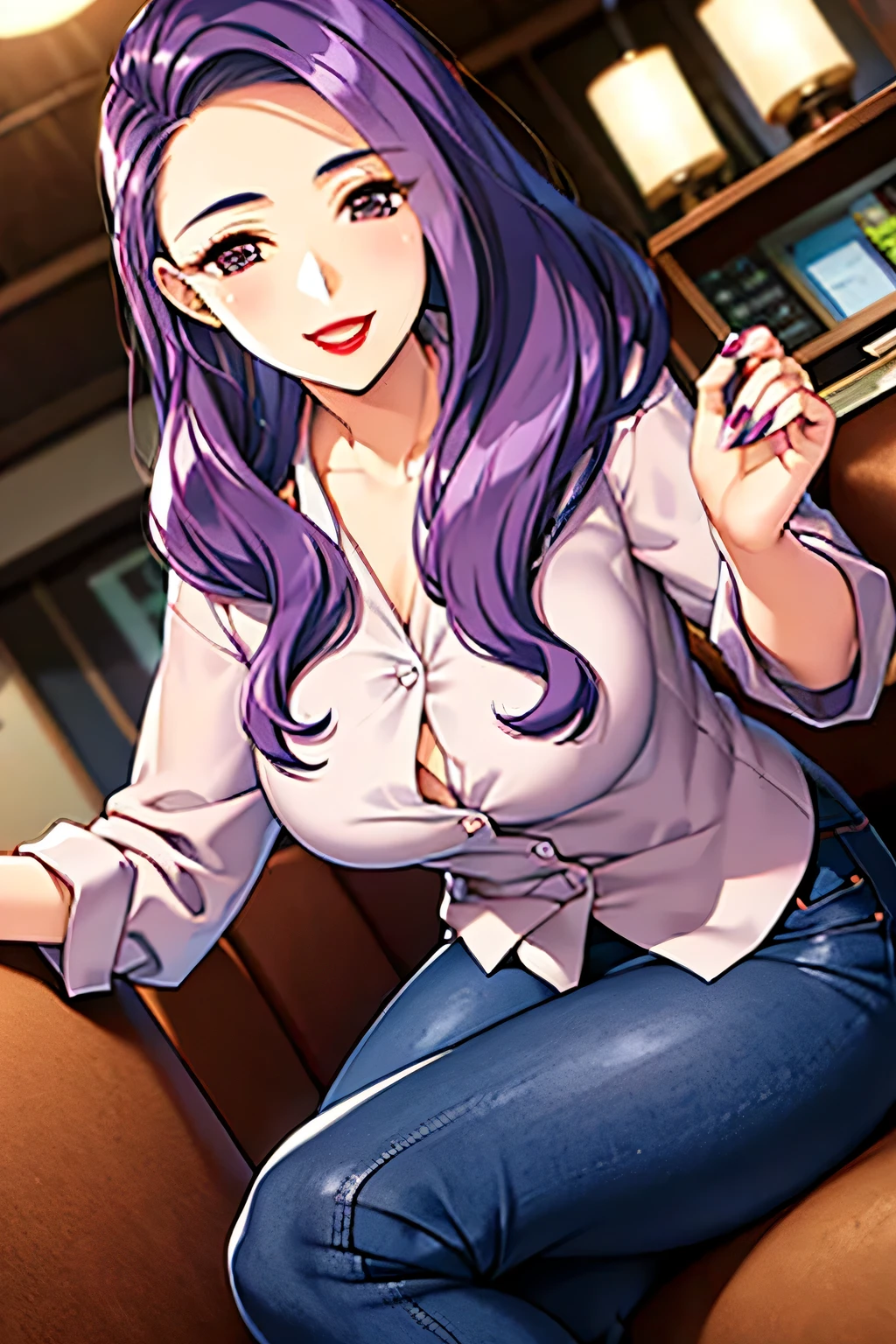 Mirei Katagiri, (masterpiece, anatomically correct, award winning, 8k)、(((from front:1.5)))、Relaxing at a coffee shop、sitting at the counter、one Japanese woman、Middle-aged woman、beautiful fingers 、nail polish、anatomically correct number of hands、Accurate finger expression、exact finger count、purple hair、long hair、About 40 years old , white shirt、Jeans, big smiles lining up at the bar、