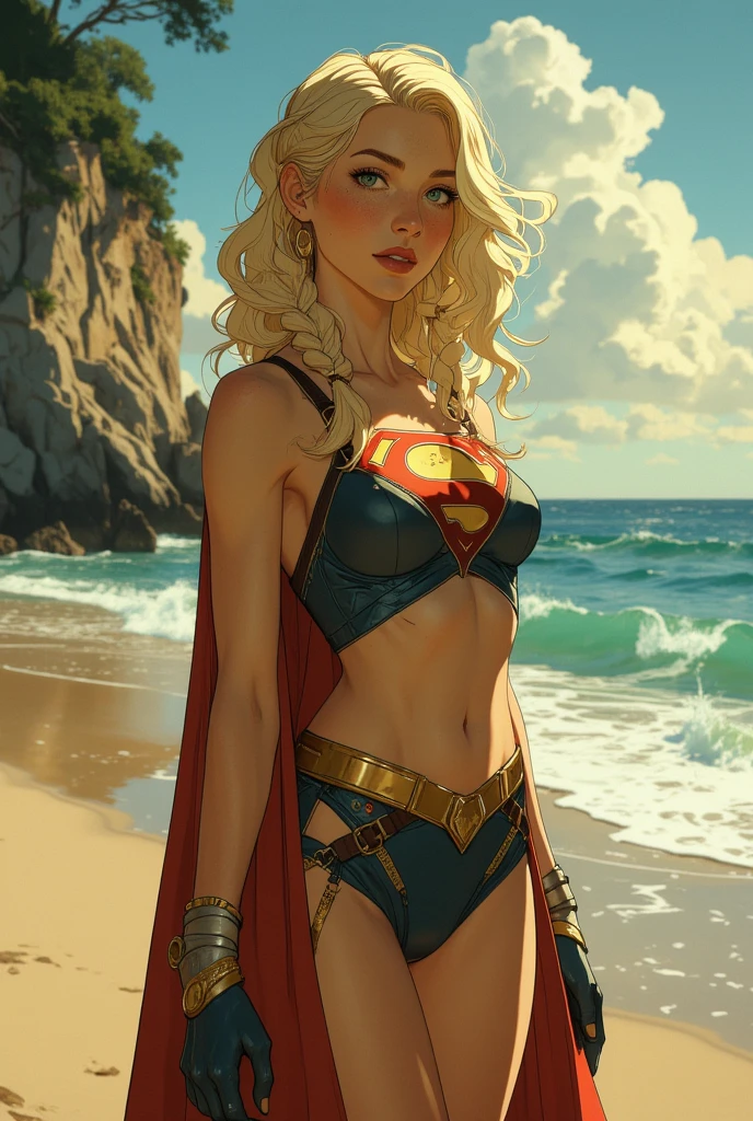 Mulher, cabelo loiro, na praia, vestida de biquini, pose dinamica, olhos azuis, supergirl