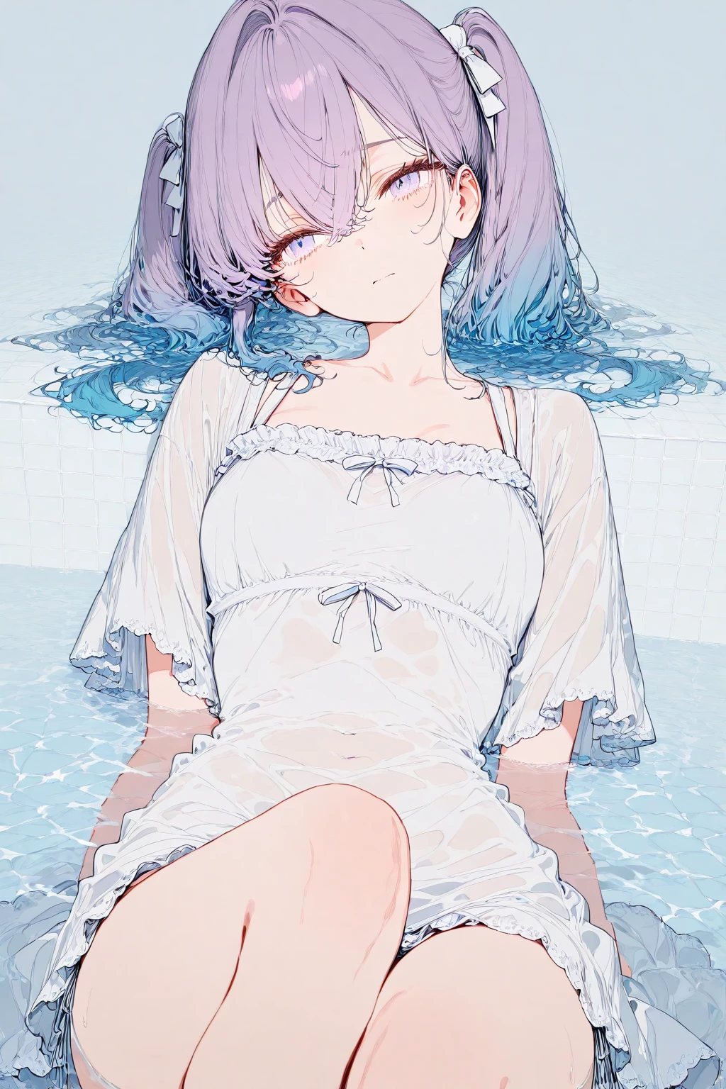 ((masterpiece, highest quality)), 1 girl, mermaid, pink wavy long hair, purple eyes, open mouth, smiling, happy, cute, shining crystal earrings, rainbow colors, underwater, bubbles, sunlight streaming in