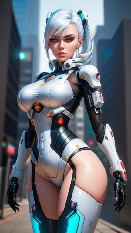 Imagine 16k, Unreal Engine 5, Anime style, [Mortal Kombat|Super Metroid],((Girl|Samus Aran|Ninja|spiderman|Batman|Cyberpunk])), ((white hair)), ((red eyes)), looking at the viewer with a smile, in a hotel room in front of the bathroom.