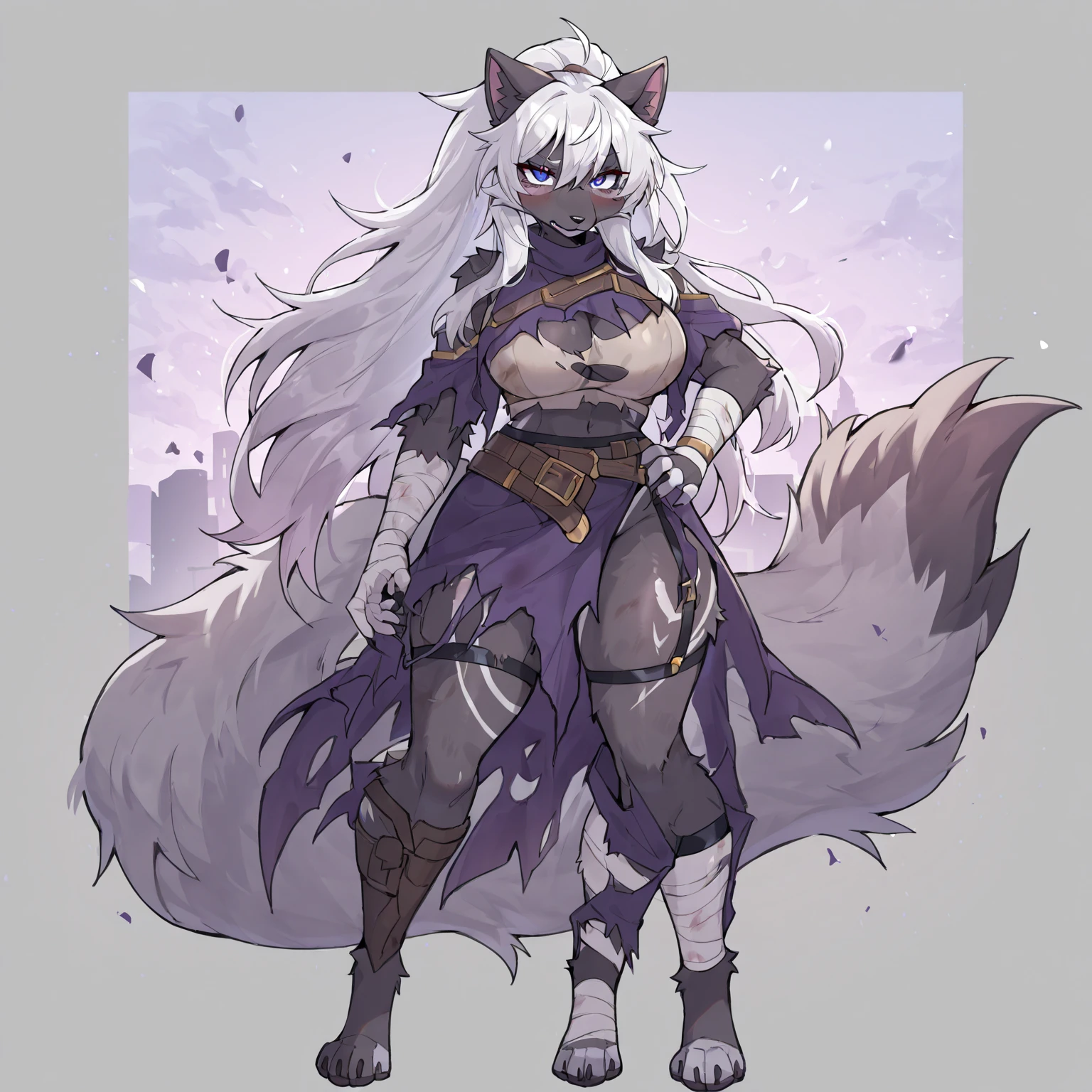 (masterpiece), (best quality),Woman ((anthro)) , (wolf girl),1girl,solo,(sharp focus),((look at viewer))EdobWerewolf,,mature female, (rogue outfit), perfect eyes,eyeshadow, dr comet,pochincoff,Pixelsketcher, (mayosplash), (wamudrawasterpiece),cutesexyrobutts, hioshiru,kingbang,shiny skin, fluffy hips, (detailed gray fur:1.3),old school fantasy art,((simple background:1.0))
