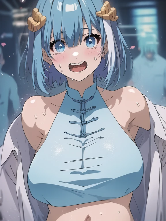 One、Being exposed in the city、Walking、Light blue hair、blue eyes、Standard Bust Size、Dead eyes、Feeling embarrassed、Desperate look、Nipples、Pussy、Wearing only the collar of her sailor uniform、The lower half of her body is covered in a torn skirt.、Being watched by clothed passers-by