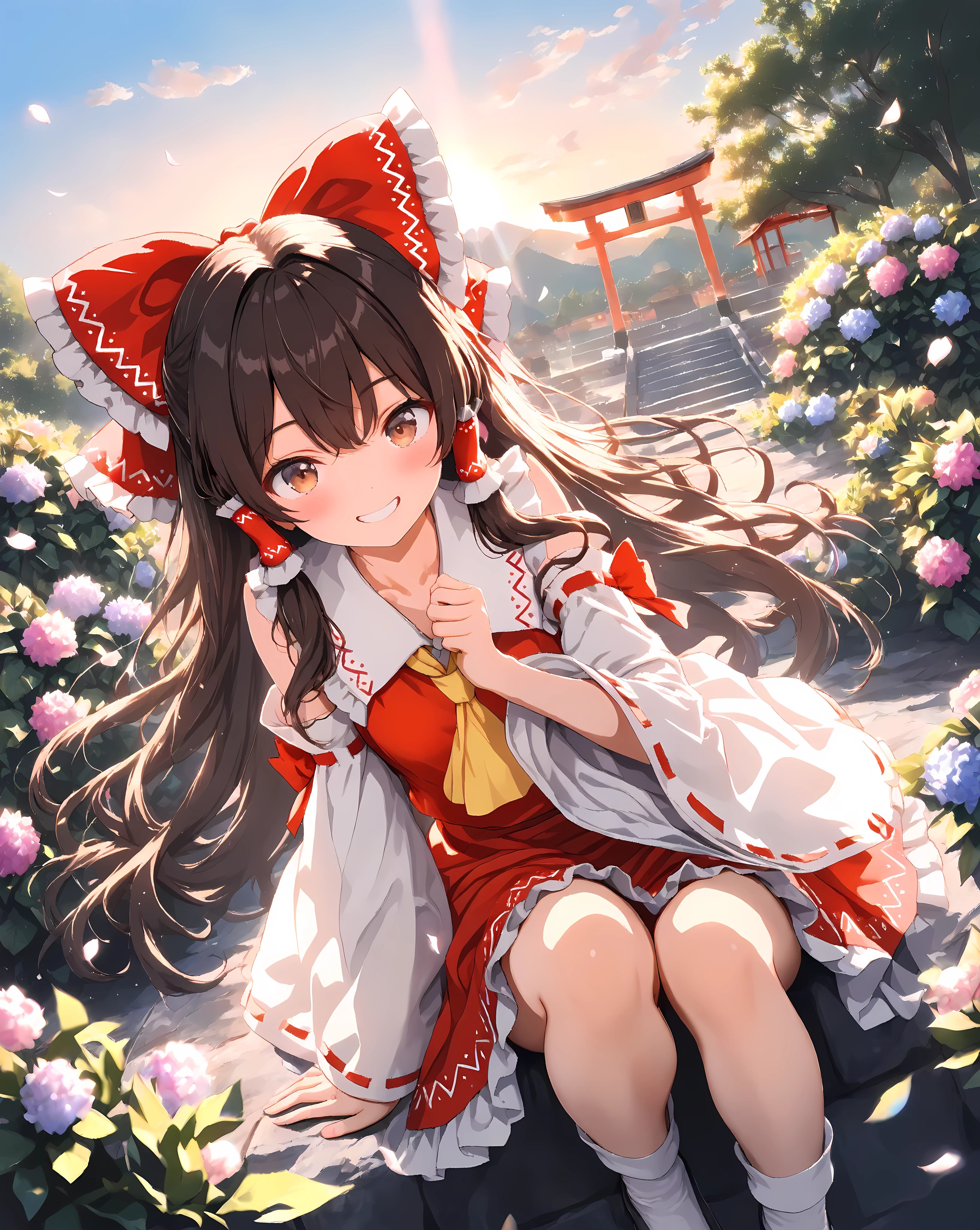Quality:
(high score), (masterpiece, detailed:1.2), (ultra-detailed), (ultra-quality), (super-resolution), (detailed-background),

 Art Style: (photorealistic):1.4, (2.5D):1.5, (golden hour lighting):1.6, (warm cinematic lighting):1.5, (volumetric light rays):1.4, ray tracing, depth of field, (vibrant sunset pastel palette):1.3, dramatic angle, (ethereal atmosphere):1.2, (dreamy aesthetic):1.1 

Subject:
(touhou hakurei reimu):2.0, 1girl, (very young girl):1.3,  (child):1.2, (cute):1.3, (Sassy pose):1.3,(childlike joyful grin):1.5, playful expression,
(brown hair),(long hair),(hair bow),detailed strands of hair, silky smooth texture, flowing like it flutters in the wind, natural shading and highlights, 
look at viewer,brown eyes, (delicate vivid eyes),(delicate and moisturized lips),
petite, short stature, (Slender body lines):1.5,graceful knee lines, natural and beautiful leg lines, delicate body contours,

Clothing:
(touhou hakurei reim's outfit):1.5, (red dress), (white bell sleeves):1.3, (wide sleeves), (frilly cuffs), (white frilly skirt hem), (large red hair bow), (yellow ribbon on collar):1.5, (white collar), (white tabi socks), (black mary jane shoes with buckles), jane shoes with buckles),

Background : (visible rainbow arching in sky):1.7,(morning after rain, clear sky):1.5, (gentle sunrise hues), (fresh blue and soft pink gradient), (vibrant hydrangeas in foreground):1.4, (dew drops on petals), (lush green foliage), (bokeh effect on hydrangeas):1.3, (shallow depth of field), (traditional Japanese shrine in mid-ground):1.3, (torii gate), (stone lanterns),(distant misty mountains):1.2, (softly blurred background), (post-rain morning light):1.6, (fresh and clear light), (subtle lens flare from low sun), (soft light filtering through leaves), (mist rising from ground) 