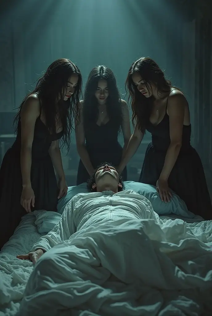 Create a photo of a woman lying on a hospital gurney looking at her family as they cry a lot holding her hand, add a man in black clothes so far away from the woman that you can&#39;t see his face coming out of the shadows in the corner of the hospital room
