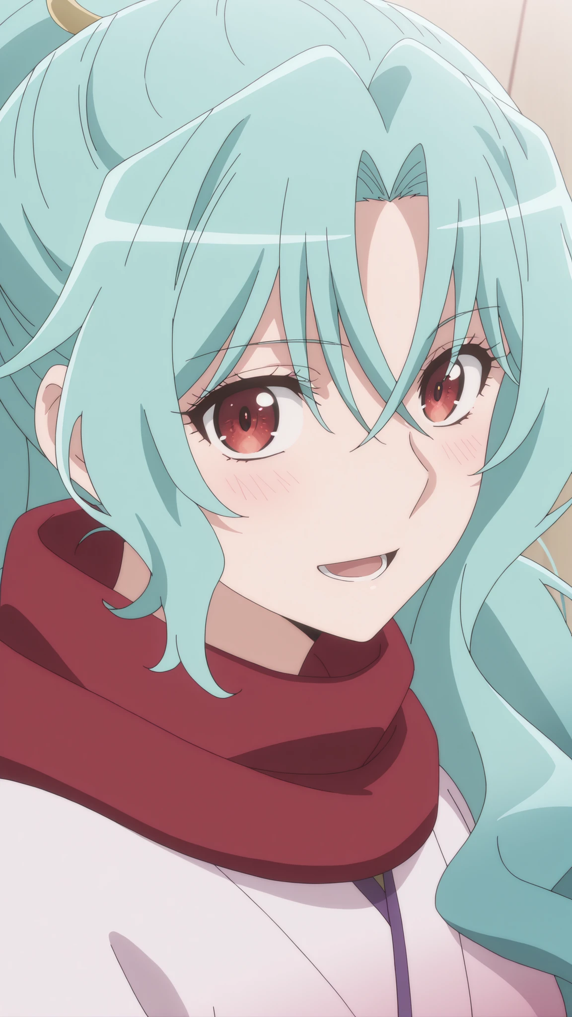 tomoe, tsuki ga michibiku isekai douchuu
High quality ,  best quality , masterpiece,  High Resolution , detailed face( LoRA: tomoe),anatomically correct, detailed hair(LoRA: tomoe) ,anime coloring,
solo, 1 girl,
, long hair, aqua hair, red eyes, ponytail, 
japanese clothes, red scarf, kimono
close up , looking at viewer ,upper body,from above
Japanese-style room,
, smile ,open mouth,blush,
