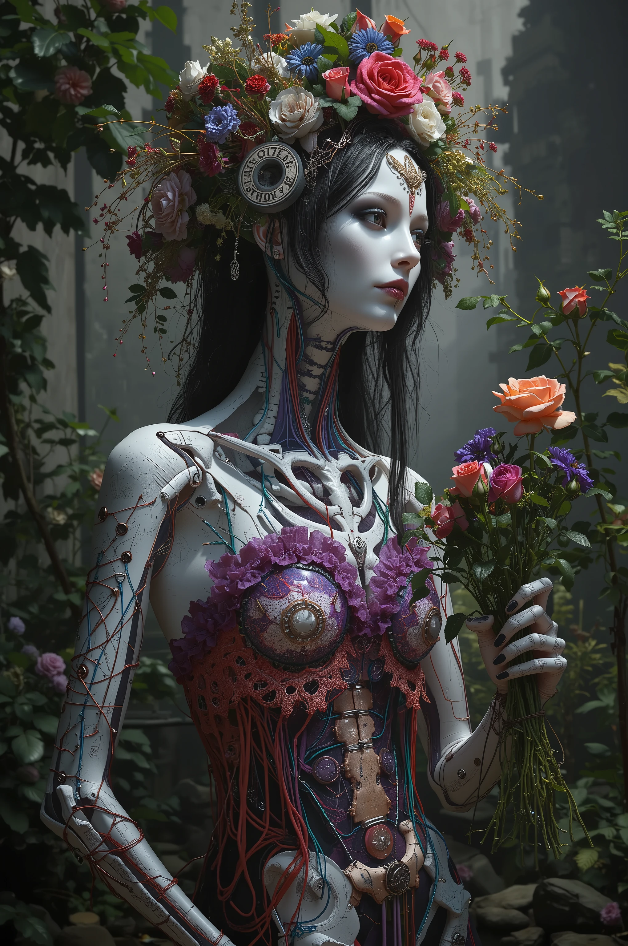 Ultra-realistic, photo-realistic, iconic character, cinematic photography, realistic, hyperrealistic, icon style. A striking female figure with an intricately elongated and skeletal frame that creates a dramatic and surreal impression. The skin is pale, almost ghostly, stretching over the sinewy structure of the shoulders and neck, while the visible ribs emphasize a skeletal motif. Soft lighting highlights the porcelain-like color of the skin, which is adorned with a series of elegant metal ornaments along the shoulders and arms. The deep red and violet attire, frayed and ornate around the edges, contrasts starkly against the pale skin, adding a pop of color and enhancing the eerie mood. Wisps of hair cascade in waves, adding softness to the overall angular and macabre composition. The atmosphere is one of haunting elegance, with a somber undertone that blends elements of fantasy and the grotesque.there is a woman with a strange head and a body made of bones, circuitboards, wires, and flowers, 4k highly detailed digital art, humanoids overgrown with flowers, humanoid flora, highly detailed art, 4k detailed digital art, mechanical vegetal cyborg, detailed painting, detailed fantasy digital art, detailed fantasy art, highly detailed fantasy art, psychedelic organic cyborgIn a surreal, fantastical portrait, an intricate humanoid figure stands surrounded by a lush garden of vibrant roses. The figure's form is a complex, mesmerizing blend of organic and mechanical elements, with skin resembling ivory porcelain intertwined with a network of exposed wires, gears, and botanical motifs. Many colorful wires can be seen on her, acting as pulleys and hinges keeping the body's parts together. The head is adorned with an elaborate headdress of cables and roots exploding into colorful and bizarre foliage, creating an otherworldly crown. Large, wide-set eyes and a skeletal grin give the face a haunting yet whimsical expression. Brightly colored flowers and ornaments are embedded in the body, adding an enchanting touch of life. The background features an overgrown metropolis that looks many decades post apocalyptic with an almost dreamlike ambiance. The scene captures an exquisite blend of nature and machinery in a symphony of artistic imagination, evoking themes of transformation and the merging of human and natural worlds. A woman sits amidst the solemn grandeur of a dimly lit room, her presence accentuated by violet and scarlet webbing that acts as a gown. It is richly adorned with intricate details and white ruffles, drawing the eye with its striking contrast against the subdued background. Her dark, flowing hair cascades over her shoulders, complementing the dramatic ambiance. She holds a bouquet of flowers bound together, giving the impression she has picked these flowers, stuffed many into her own frame, that is now overflowing with them has made a headress and is still collecting them. The violet and scarlet webbing she has for attire adds a touch of elegance and mystery. This gothic atmosphere is filled with shadows and depth, enhanced by the stones and scattered bones around her, evoking a somber, introspective mood. The interplay of light and shadow is captured beautifully, creating an evocative and intriguing tableau.