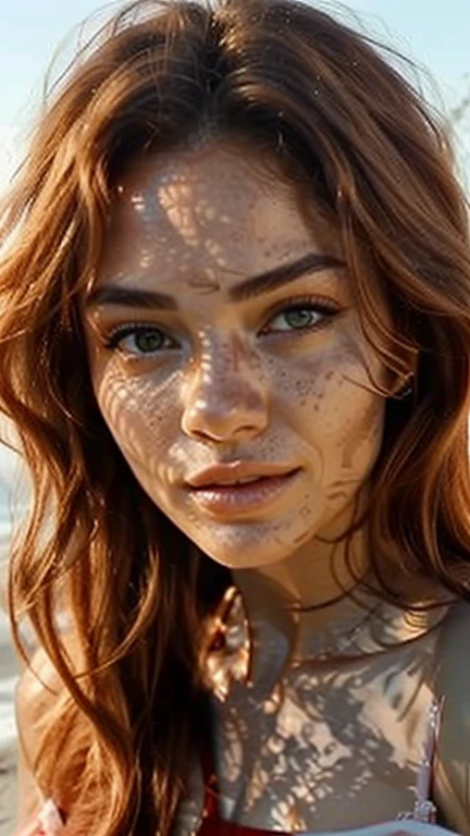 A frontal portrait that resembles the actress “Daisy Ridley”, a sensually smiling woman with a light, porcelain-like complexion and flushed cheeks. Wide-open eyes and delicate freckles on her nose and cheeks. Her head and shoulders are surrounded by an ornate, leaf-like pattern reminiscent of delicate lace or a network of leaf veins. The pattern should be in dark brown tones and blend seamlessly with the skin or look like a natural extension of the woman's body. The woman's facial features should be symmetrical and well-defined, with a calm and serene expression. The image should combine elements of nature with human features to create an artistic and surreal portrait. The light, revealing clothing and visible body parts resemble coarse linen in bright colors. Gold particles float in the air, glistening in the light of the evening sun. A marbleized rock face can be seen in the background, illuminated by the evening light. Overall effect: A calm and unworldly being in quiet contemplation.