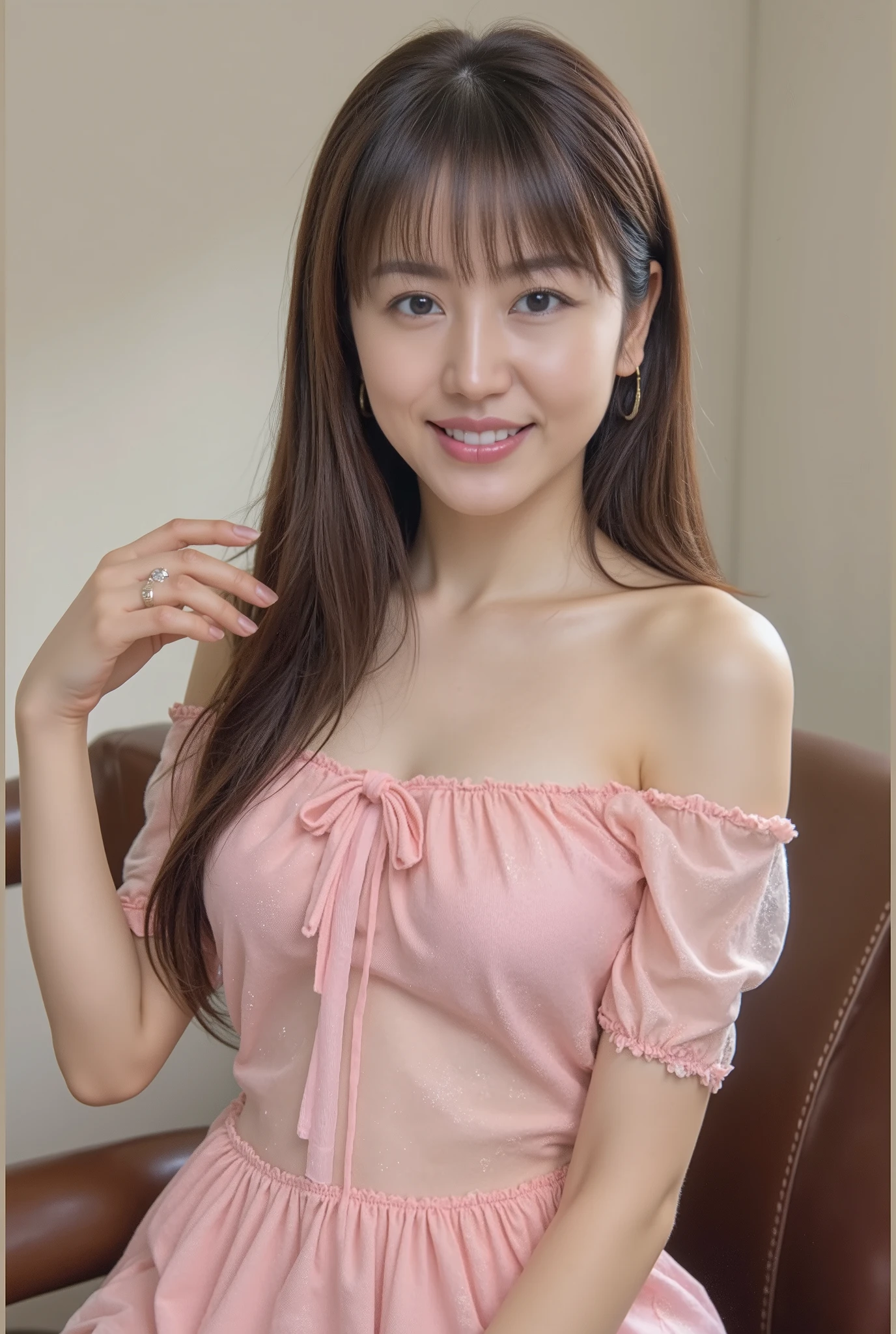 1 Japanese beautiful girl,28yo girl, Super beautiful detailed face, (smile:1.4), earrings, (black center parted semi-long straight hair),(front view), (medium shot), (chubby body), (neutral-colored large areola),(completely nude:1.3),(hairy pussy),(nipples), Naked, BREAK, masterpiece, best quality, ultra quality, high quality, realistic, photo realistic, RAW photo, hyper detailed, intricate detaile,(bedroom:1.3),cinematic lighting, BREAK (pastel color dress with floral pattern), BREAK (((one_breast_out:1.7))), (breast_slip:1.21), (nipple_slip:1.1), unaligned_breasts,(cleavage),
