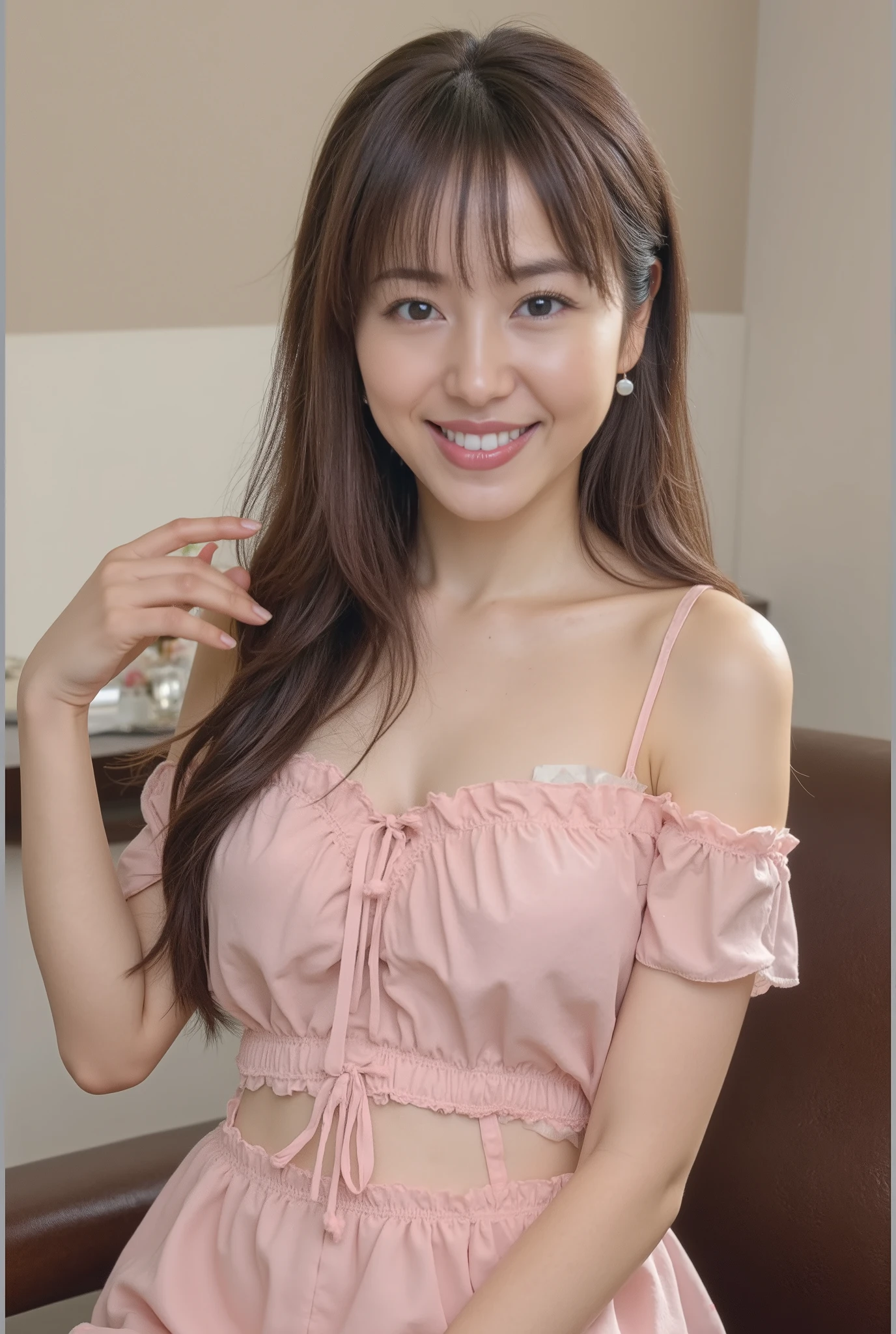 {18year old is wearing a wet t-shirt and pink lace shorts - I can see her nipples:1.8},{{big double eyelids:mascara:Red cheeks}}, {head}, {18year old girlfriend looks ahead and smiles}. {18Her smile is really beautiful}}、{18My 1 year old girlfriend is showing her white teeth}},,{{her cute barefoot thighs and big breasts are wet and shiny}},,{{if you look closely at her smile}、 {{I can see her pubic hair coming out of her panties}}.
