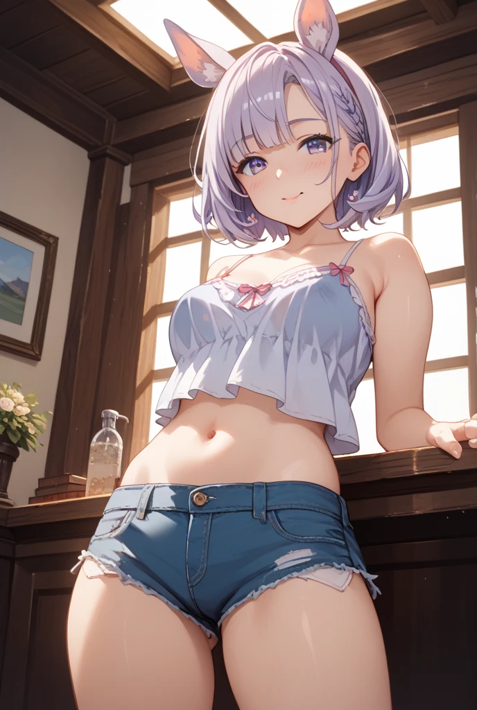masterpiece, best quality, sexy outfit, vivid colors, girl, purple eyes, hair clip, x hair ornament, short hair,pawg, tomboy, shorts, denim shorts, bikini top, small breasts, dark skin, looking at the viewer
