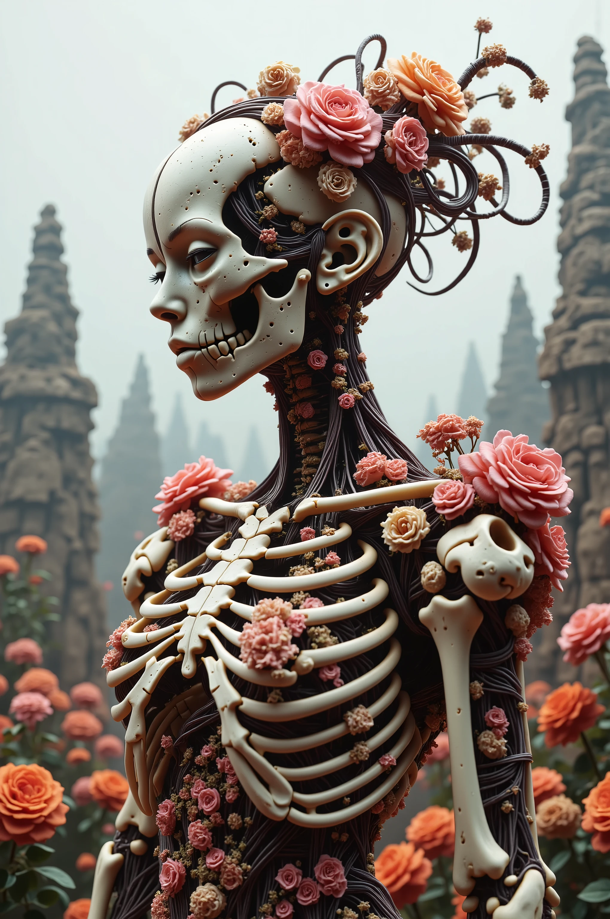 Ultra-realistic, photo-realistic, cinematic photography, realistic, hyperrealistic. A striking figure with an intricately elongated and skeletal body that creates a dramatic and surreal impression. The skin is pale, almost ghostly, stretching over the sinewy structure of the shoulders and neck, while the visible ribs emphasize a skeletal motif. Soft lighting highlights the porcelain-like texture of the skin, which is adorned with a series of elegant metal ornaments along the shoulders and arms. The deep red attire, frayed and ornate around the edges, contrasts starkly against the pale skin, adding a pop of color and enhancing the eerie mood. Wisps of hair cascade in waves, adding softness to the overall angular and macabre composition. The atmosphere is one of haunting elegance, with a somber undertone that blends elements of fantasy and the grotesque. There is a woman with a strange head and a body made of flowers, 4k highly detailed digital art, humanoids overgrown with flowers, organic growth, organic waste never goes to waste, fungi and mold like spores inspire humanoid flora, 4 k highly detailed art, 4k detailed digital art, mechanical vegetal cyborg, detailed painting 4 k, detailed fantasy digital art, detailed macabre fantasy art, highly detailed fantasy art, psychedelic organic cyborg In a surreal, fantastical portrait, an intricate humanoid figure stands surrounded by a lush garden of vibrant roses. The figure's form is a complex, mesmerizing blend of organic and mechanical elements, with skin resembling ivory porcelain intertwined with a network of exposed wires, gears, and botanical motifs. The head is adorned with an elaborate headdress of bones, cables, and roots that are exploding into colorful circuits and wires and bizarre wired foliage, creating an intricatevotherworldly crown. Large, wide-set eyes and a skeletal grin give the face a haunting yet whimsical expression. Brightly colored flowers and ornaments are embedded in the nearby bones, adding an enchanting touch of life. The wires replace the stems of the foliage, and liquid chemicals steam in the heat, turning much of the matter a white phosphorescent color. The background features a fairy-tale/ dystopian pale and chemical burnt landscape with distant, whimsical towers and soft, ethereal lighting that glows in chemical fogs and complements the serene, almost dreamlike ambiance. Bones of animals and humans are everywhere here. More death than time for complete decomposition. The scene captures an exquisite blend of nature and machinery in a symphony of artistic imagination, evoking themes of transformation death, and the merging of humans, cyborgs, robots, technological engineering and the natural world. A female entity existing presents the solemn glowing of her pale skin and ghostly presence. Her body reflects and complements light that dances over the stone textures and the mold growth architecture of the setting. This gothic atmosphere is filled with shadows and depth, enhanced by the stones and scattered bones around her, evoking a somber, introspective mood. The interplay of light and shadow is captured beautifully, creating an evocative and intriguing tableau.A striking figure with an intricately elongated and skeletal neck creates a dramatic and surreal impression. The skin is pale, almost ghostly, stretching over the sinewy structure of the shoulders and neck, while the visible ribs emphasize a skeletal motif. Soft lighting highlights the porcelain-like texture of the skin, which is adorned with a series of elegant metal ornaments along the shoulders and arms. The deep red attire, frayed and ornate around the edges, contrasts starkly against the pale skin, adding a pop of color and enhancing the eerie mood. Wisps of hair cascade in waves, adding softness to the overall angular and macabre composition. The atmosphere is one of haunting elegance, with a somber undertone that blends elements of fantasy and the grotesque. Ultra-realistic, photo-realistic, ultra-detailed, realistic vision, hyperrealism, sensual suggestions, unsettling atmosphere, horrorific fantasy, disturbing visuals, abstract biomechanical art, cinematic photography, surrealism, asthetically incredible, icon style, different type of art, avant-garde images, unique, innovative, striking, captivating, iconic characters, masterpiece