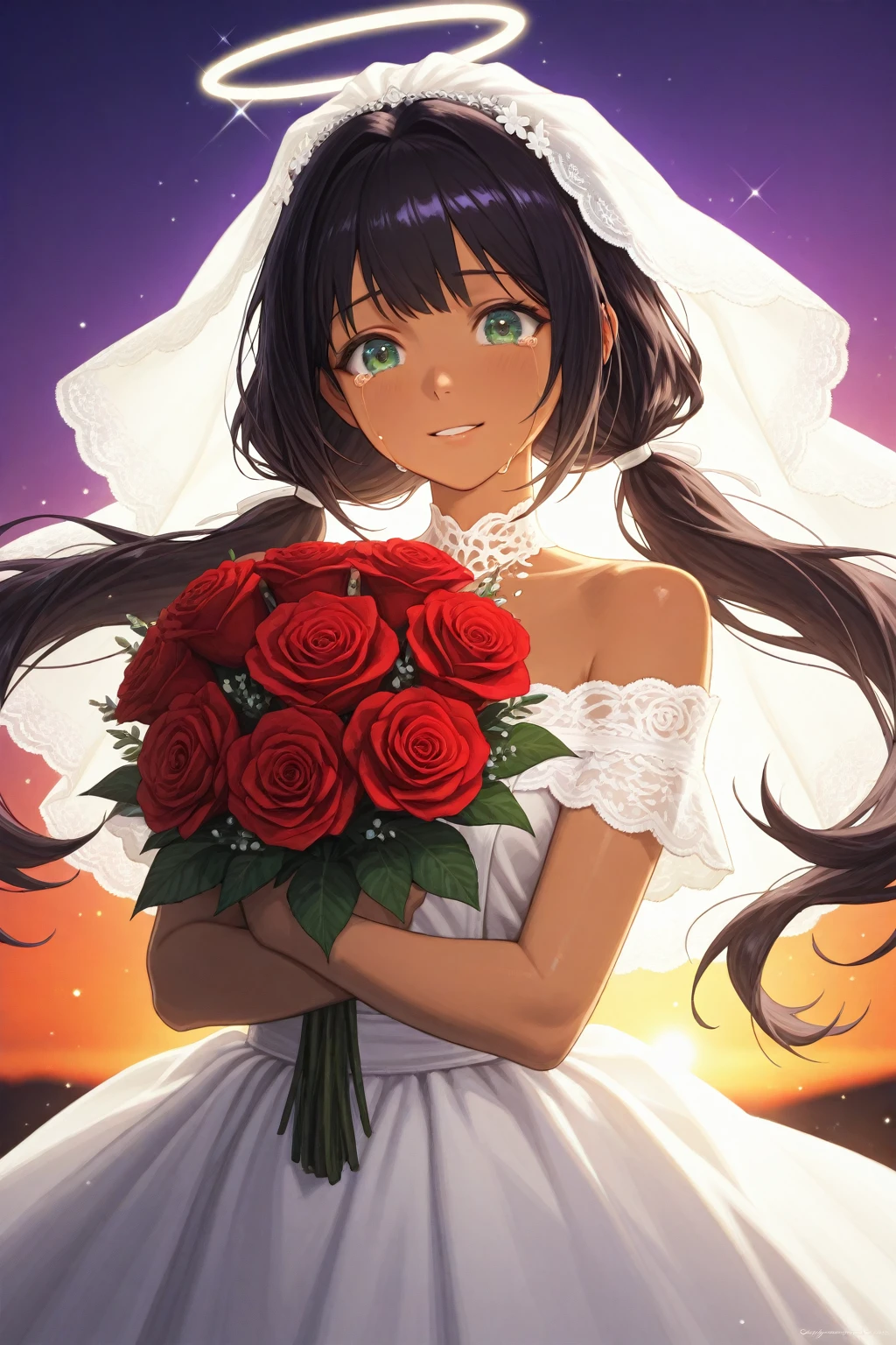 Masterpiece, best quality, 1girl, mature woman, long black hair, beauty brown eyes, detailed eyes, (sunset at flowers field), (( wedding dress : 1.2 )), big tits, (stiff nipples), blushing, little smile, looking around, side view, curvy body, (touching the flowers), lace chokers, earrings, (dark skin : 1.5), volumetric lighting, warm lighting