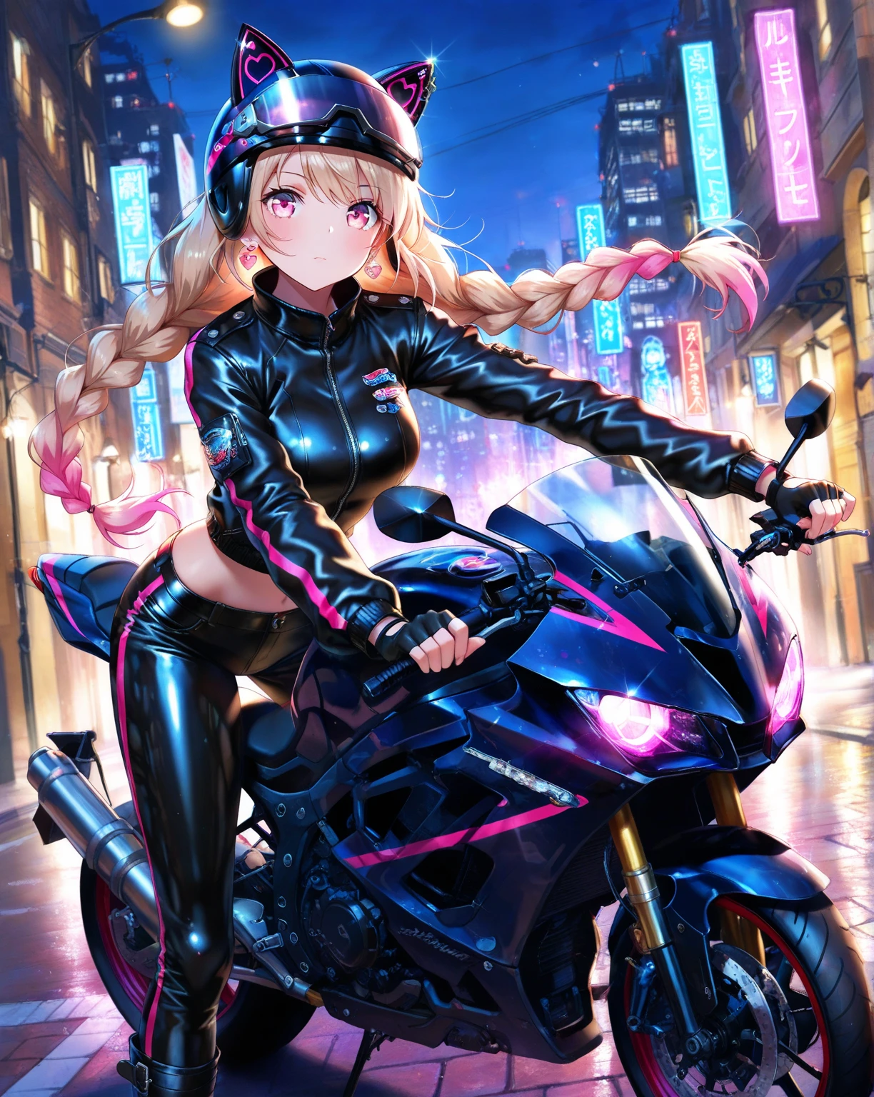 score_9, score_8_up, score_7_up, source_anime,masterpiece, best quality, high resolution, extremely detailed CG, absurdres, highres, a girl driving a motorcycle at high speed on a cyberpink city street in a neon night city environment, motorcycle, motor vehicle, ground vehicle, breasts, long hair, multiple girls, jacket, headgear