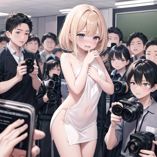 Nudist blonde girl crouching with smartphone、Lots of close elementary school boys pushing each other to look away、surround each other&#39;s face、naked recording screen、in group photograph、Group Selfies、nsfw